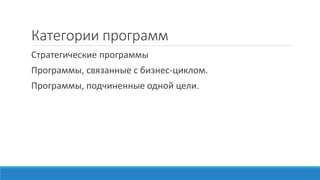 Категории программ
Стратегические программы
Программы, связанные с бизнес-циклом.
Программы, подчиненные одной цели.
 