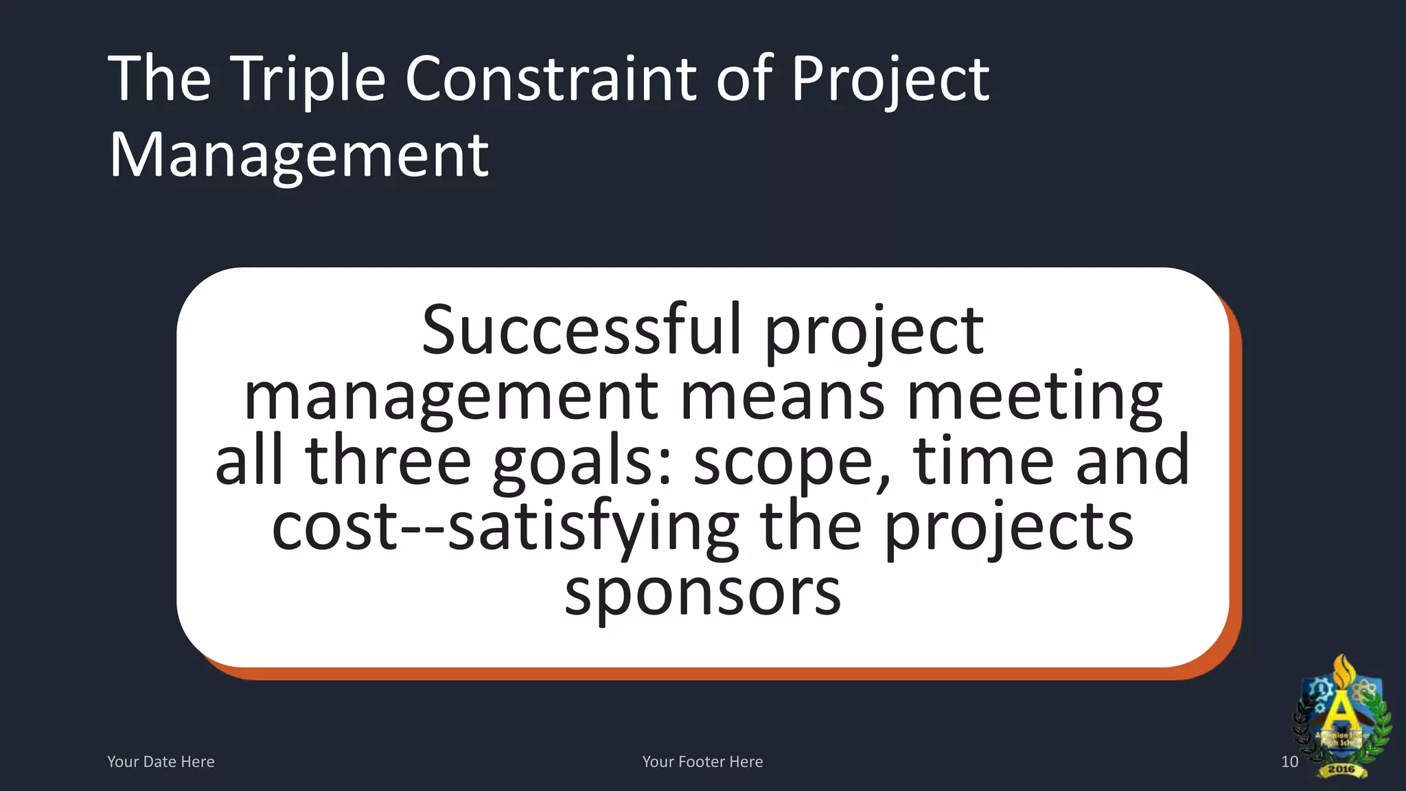The Triple Constraint of Project
Management
Your Date Here Your Footer Here 10
Successful project
management means meeting
all three goals: scope, time and
cost--satisfying the projects
sponsors
 