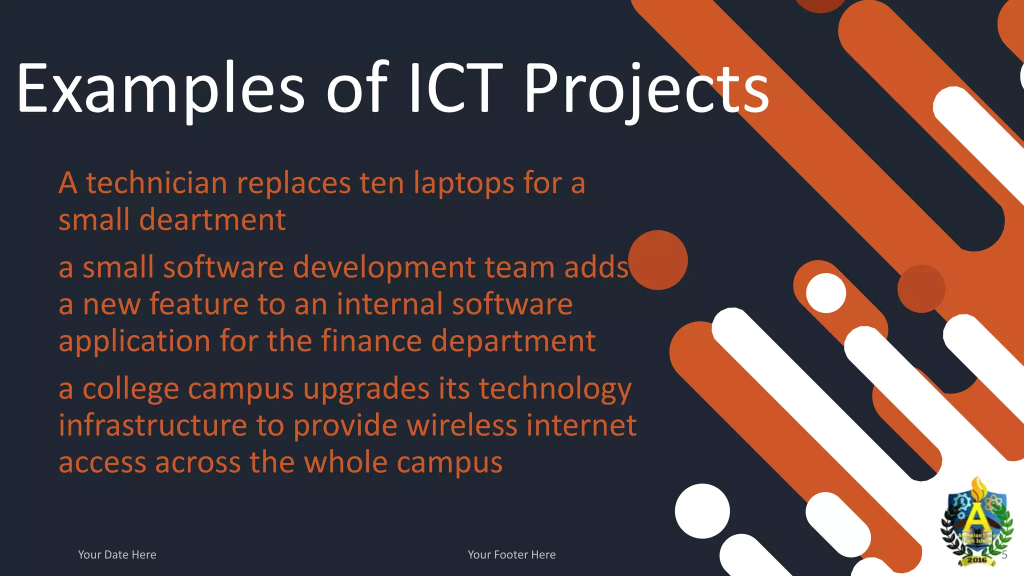 Examples of ICT Projects
A technician replaces ten laptops for a
small deartment
a small software development team adds
a new feature to an internal software
application for the finance department
a college campus upgrades its technology
infrastructure to provide wireless internet
access across the whole campus
Your Date Here Your Footer Here 5
 