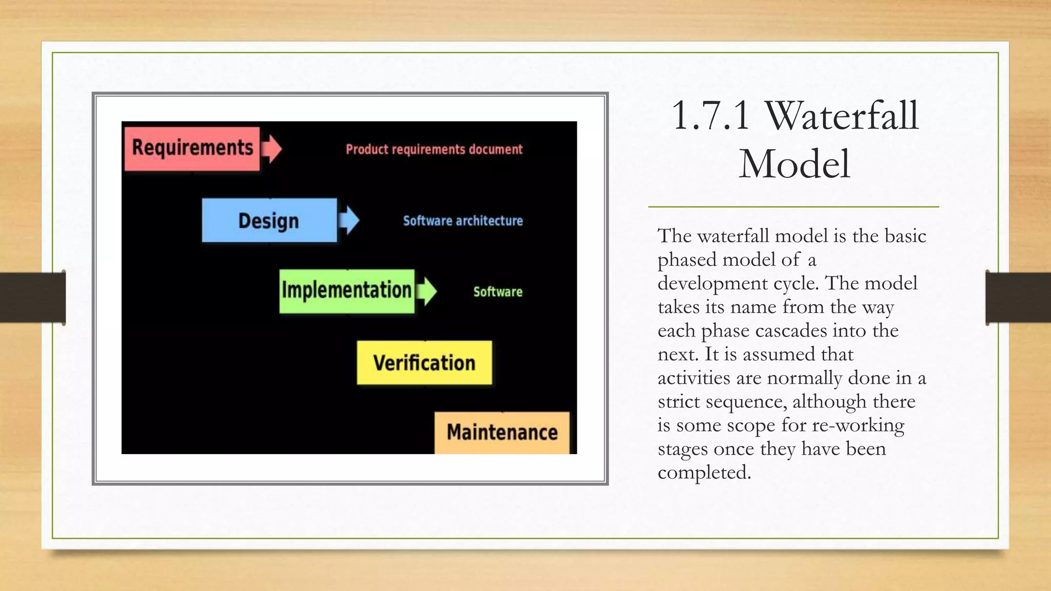 1.7.1 Waterfall
Model
The waterfall model is the basic
phased model of a
development cycle. The model
takes its name from the way
each phase cascades into the
next. It is assumed that
activities are normally done in a
strict sequence, although there
is some scope for re-working
stages once they have been
completed.
 