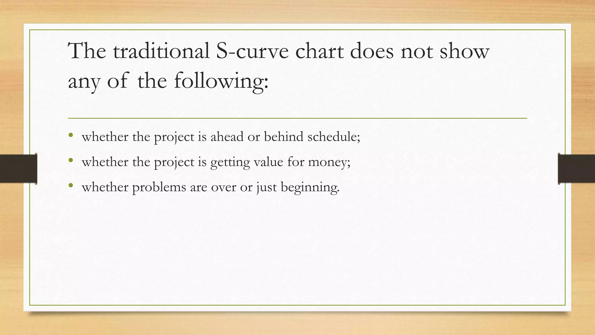 The traditional S-curve chart does not show
any of the following:
• whether the project is ahead or behind schedule;
• whether the project is getting value for money;
• whether problems are over or just beginning.
 