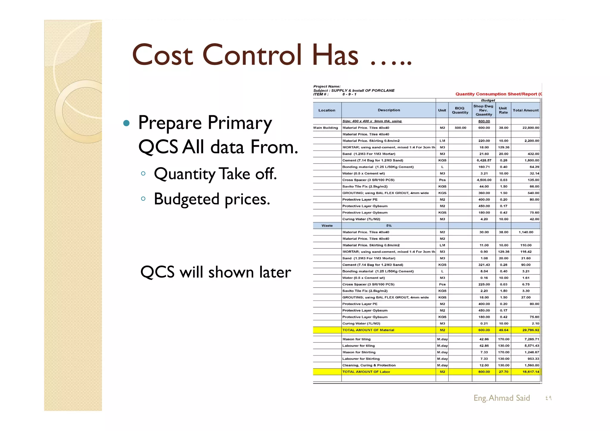 Cost Control Has …..
 Prepare Primary
QCS All data From.
◦ Quantity Take off.
◦ Budgeted prices.
QCS will shown later
Eng.Ahmad Said ٤٩
 