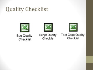 Quality Checklist
Bug Quality
Checklist
Script Quality
Checklist
Tset Case Quality
Checklist
 