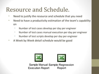 Resource and Schedule.
• Need to justify the resource and schedule that you need
• Need to have a productivity estimation of the team’s capability
on
• Number of test cases develop per day per engineer
• Number of test cases manual execution per day per engineer
• Number of test scripts develop per day per engineer
• A Week by Week detail schedule would be good
Sample Manual
Execution Report
Sample Regression
Report
 