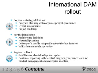International DAM
rollout
Corporate strategy definition
Program planning with corporate project governance
Overall assessments
Project roadmap
For the initial setup
Architecture definition
Waterfall planning
Delivery of a vanilla setup with out-of-the-box features
Validation and roadmap review
Regional roll-out
Small teams, short development cycles
Continual reporting to the central program governance team for
product management and enterprise adoption
1 2 3 4 5 6 Combine
 