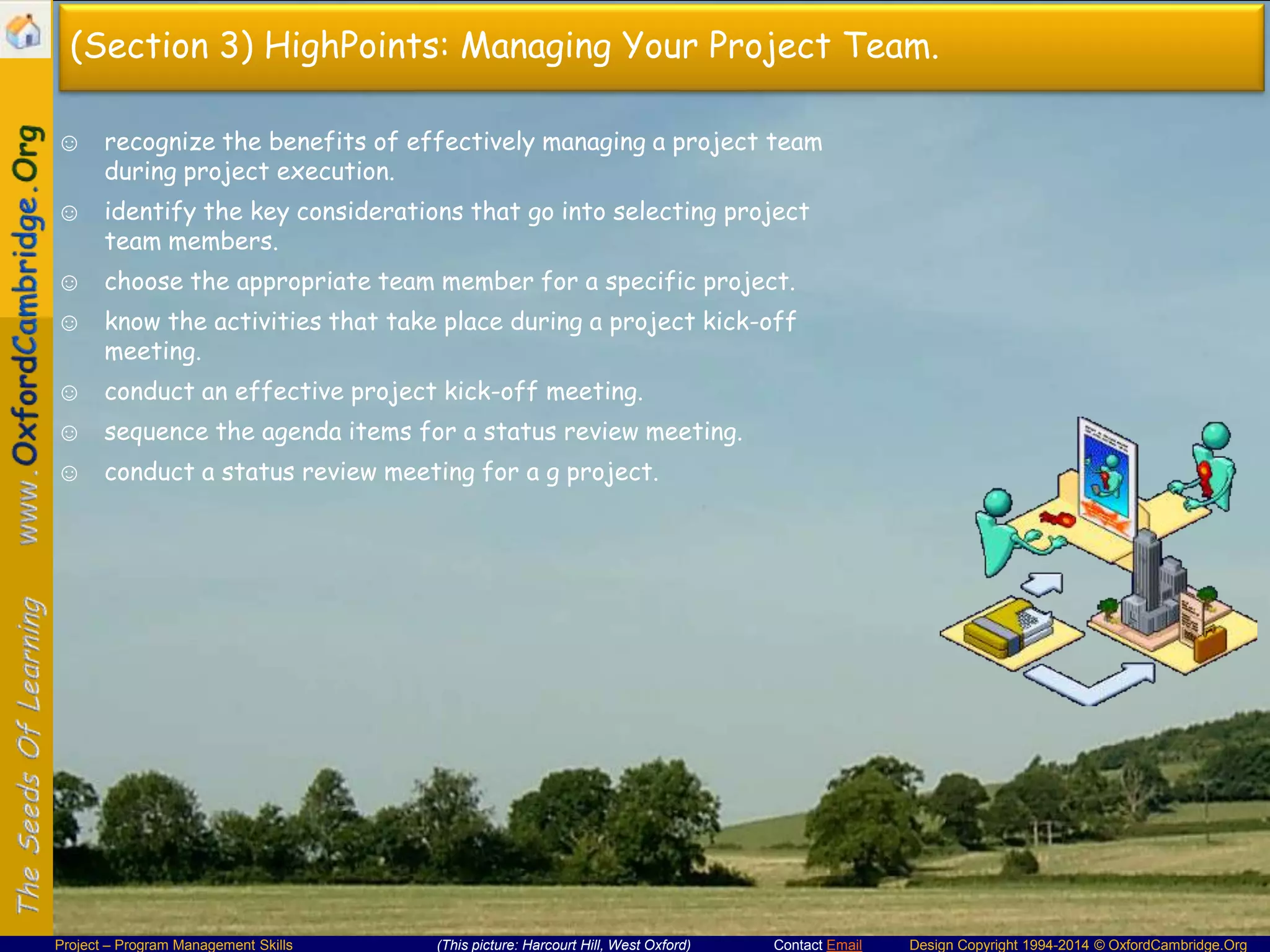 (Section 3) HighPoints: Managing Your Project Team.
☺ recognize the benefits of effectively managing a project team
during project execution.
☺ identify the key considerations that go into selecting project
team members.
☺ choose the appropriate team member for a specific project.
☺ know the activities that take place during a project kick-off
meeting.
☺ conduct an effective project kick-off meeting.
☺ sequence the agenda items for a status review meeting.
☺ conduct a status review meeting for a g project.

Project – Program Management Skills

(This picture: Harcourt Hill, West Oxford)

Contact Email

Design Copyright 1994-2014 © OxfordCambridge.Org

 