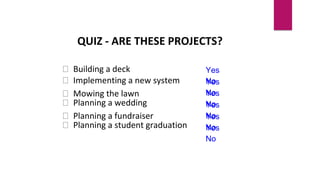 QUIZ - ARE THESE PROJECTS?
Building a deck
Implementing a new system
Mowing the lawn
Planning a wedding
Planning a fundraiser
Planning a student graduation
Yes
No
Yes
No
Yes
No
Yes
No
Yes
No
Yes
No
 