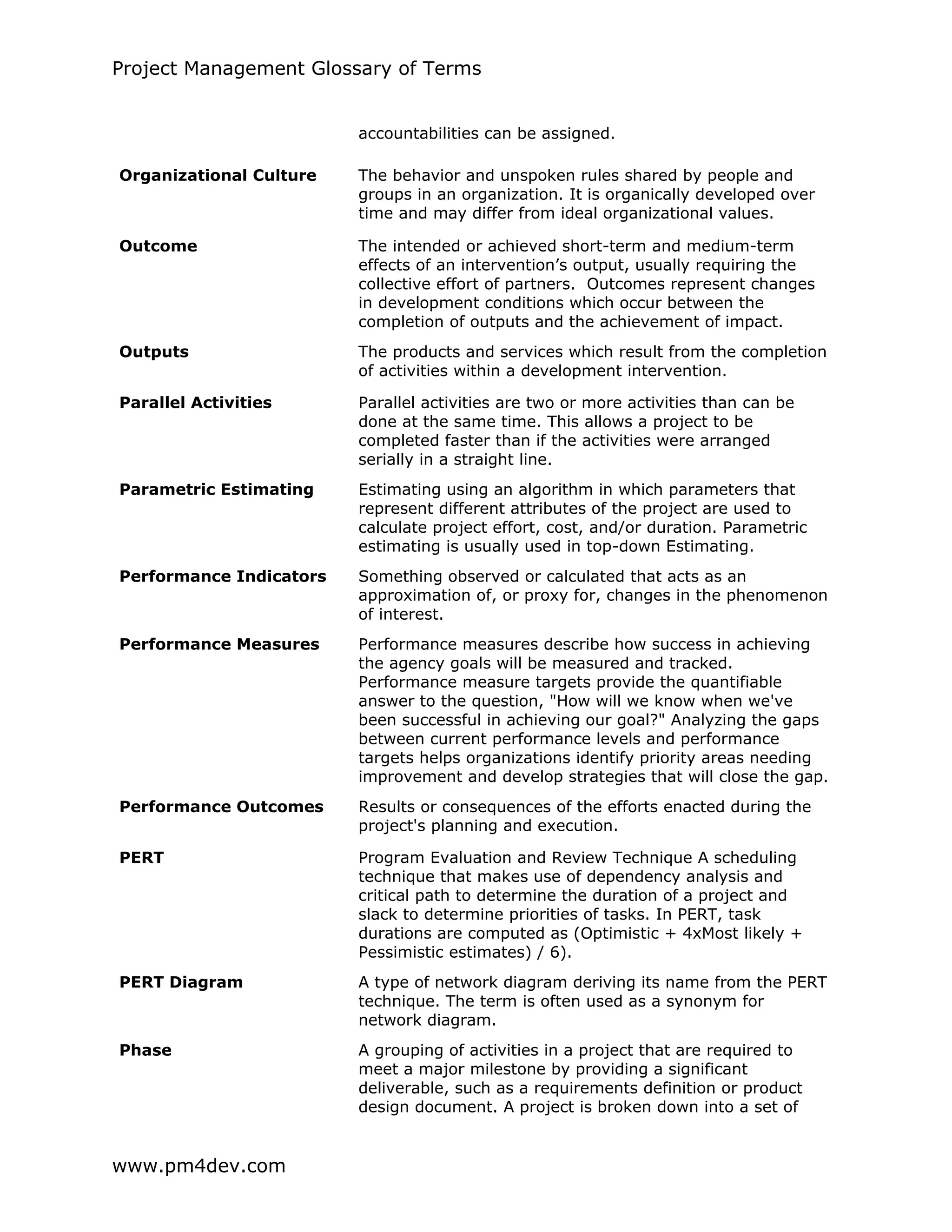 Project Management Glossary of Terms
www.pm4dev.com
accountabilities can be assigned.
Organizational Culture The behavior and unspoken rules shared by people and
groups in an organization. It is organically developed over
time and may differ from ideal organizational values.
Outcome The intended or achieved short-term and medium-term
effects of an intervention’s output, usually requiring the
collective effort of partners. Outcomes represent changes
in development conditions which occur between the
completion of outputs and the achievement of impact.
Outputs The products and services which result from the completion
of activities within a development intervention.
Parallel Activities Parallel activities are two or more activities than can be
done at the same time. This allows a project to be
completed faster than if the activities were arranged
serially in a straight line.
Parametric Estimating Estimating using an algorithm in which parameters that
represent different attributes of the project are used to
calculate project effort, cost, and/or duration. Parametric
estimating is usually used in top-down Estimating.
Performance Indicators Something observed or calculated that acts as an
approximation of, or proxy for, changes in the phenomenon
of interest.
Performance Measures Performance measures describe how success in achieving
the agency goals will be measured and tracked.
Performance measure targets provide the quantifiable
answer to the question, "How will we know when we've
been successful in achieving our goal?" Analyzing the gaps
between current performance levels and performance
targets helps organizations identify priority areas needing
improvement and develop strategies that will close the gap.
Performance Outcomes Results or consequences of the efforts enacted during the
project's planning and execution.
PERT Program Evaluation and Review Technique A scheduling
technique that makes use of dependency analysis and
critical path to determine the duration of a project and
slack to determine priorities of tasks. In PERT, task
durations are computed as (Optimistic + 4xMost likely +
Pessimistic estimates) / 6).
PERT Diagram A type of network diagram deriving its name from the PERT
technique. The term is often used as a synonym for
network diagram.
Phase A grouping of activities in a project that are required to
meet a major milestone by providing a significant
deliverable, such as a requirements definition or product
design document. A project is broken down into a set of
 