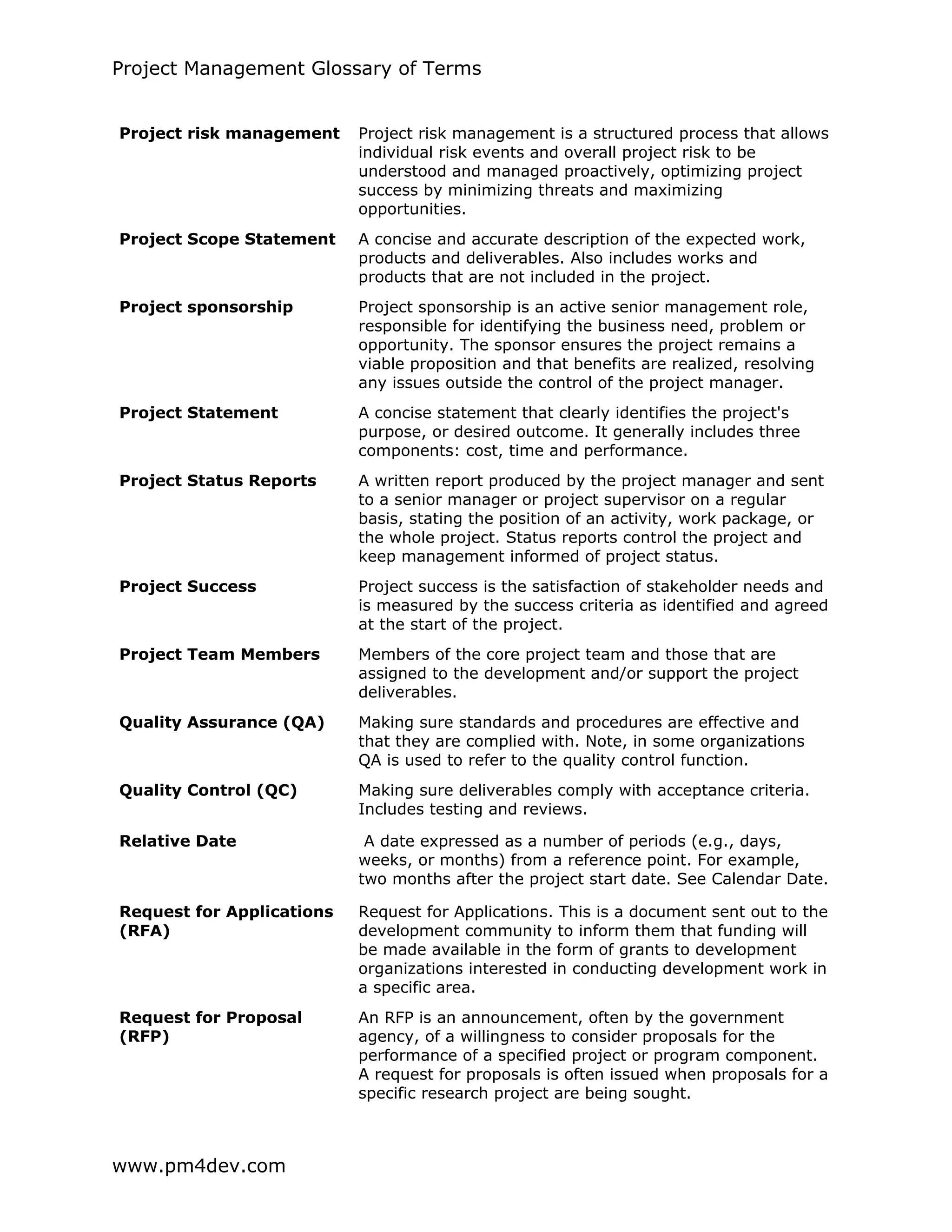 Project Management Glossary of Terms
www.pm4dev.com
Project risk management Project risk management is a structured process that allows
individual risk events and overall project risk to be
understood and managed proactively, optimizing project
success by minimizing threats and maximizing
opportunities.
Project Scope Statement A concise and accurate description of the expected work,
products and deliverables. Also includes works and
products that are not included in the project.
Project sponsorship Project sponsorship is an active senior management role,
responsible for identifying the business need, problem or
opportunity. The sponsor ensures the project remains a
viable proposition and that benefits are realized, resolving
any issues outside the control of the project manager.
Project Statement A concise statement that clearly identifies the project's
purpose, or desired outcome. It generally includes three
components: cost, time and performance.
Project Status Reports A written report produced by the project manager and sent
to a senior manager or project supervisor on a regular
basis, stating the position of an activity, work package, or
the whole project. Status reports control the project and
keep management informed of project status.
Project Success Project success is the satisfaction of stakeholder needs and
is measured by the success criteria as identified and agreed
at the start of the project.
Project Team Members Members of the core project team and those that are
assigned to the development and/or support the project
deliverables.
Quality Assurance (QA) Making sure standards and procedures are effective and
that they are complied with. Note, in some organizations
QA is used to refer to the quality control function.
Quality Control (QC) Making sure deliverables comply with acceptance criteria.
Includes testing and reviews.
Relative Date A date expressed as a number of periods (e.g., days,
weeks, or months) from a reference point. For example,
two months after the project start date. See Calendar Date.
Request for Applications
(RFA)
Request for Applications. This is a document sent out to the
development community to inform them that funding will
be made available in the form of grants to development
organizations interested in conducting development work in
a specific area.
Request for Proposal
(RFP)
An RFP is an announcement, often by the government
agency, of a willingness to consider proposals for the
performance of a specified project or program component.
A request for proposals is often issued when proposals for a
specific research project are being sought.
 
