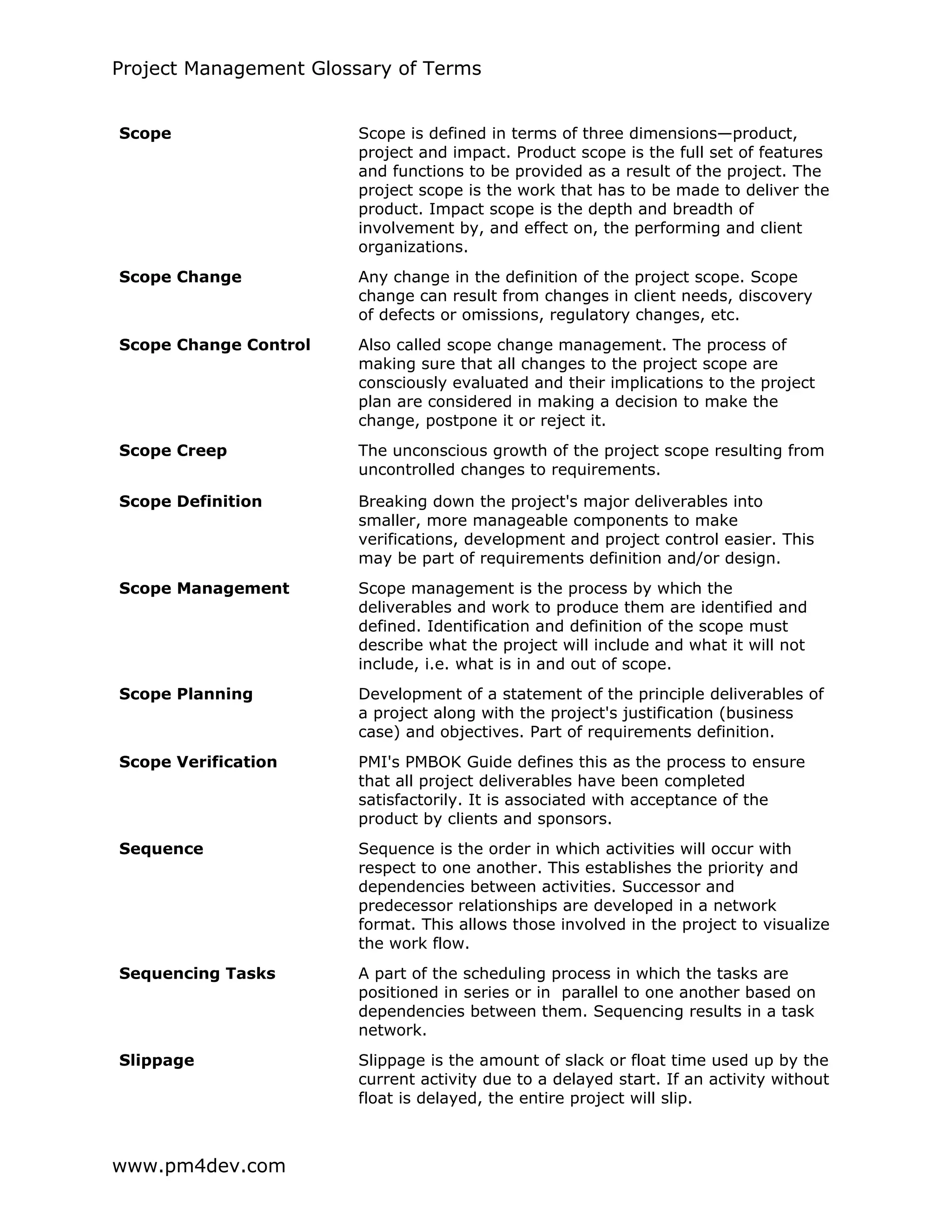 Project Management Glossary of Terms
www.pm4dev.com
Scope Scope is defined in terms of three dimensions—product,
project and impact. Product scope is the full set of features
and functions to be provided as a result of the project. The
project scope is the work that has to be made to deliver the
product. Impact scope is the depth and breadth of
involvement by, and effect on, the performing and client
organizations.
Scope Change Any change in the definition of the project scope. Scope
change can result from changes in client needs, discovery
of defects or omissions, regulatory changes, etc.
Scope Change Control Also called scope change management. The process of
making sure that all changes to the project scope are
consciously evaluated and their implications to the project
plan are considered in making a decision to make the
change, postpone it or reject it.
Scope Creep The unconscious growth of the project scope resulting from
uncontrolled changes to requirements.
Scope Definition Breaking down the project's major deliverables into
smaller, more manageable components to make
verifications, development and project control easier. This
may be part of requirements definition and/or design.
Scope Management Scope management is the process by which the
deliverables and work to produce them are identified and
defined. Identification and definition of the scope must
describe what the project will include and what it will not
include, i.e. what is in and out of scope.
Scope Planning Development of a statement of the principle deliverables of
a project along with the project's justification (business
case) and objectives. Part of requirements definition.
Scope Verification PMI's PMBOK Guide defines this as the process to ensure
that all project deliverables have been completed
satisfactorily. It is associated with acceptance of the
product by clients and sponsors.
Sequence Sequence is the order in which activities will occur with
respect to one another. This establishes the priority and
dependencies between activities. Successor and
predecessor relationships are developed in a network
format. This allows those involved in the project to visualize
the work flow.
Sequencing Tasks A part of the scheduling process in which the tasks are
positioned in series or in parallel to one another based on
dependencies between them. Sequencing results in a task
network.
Slippage Slippage is the amount of slack or float time used up by the
current activity due to a delayed start. If an activity without
float is delayed, the entire project will slip.
 