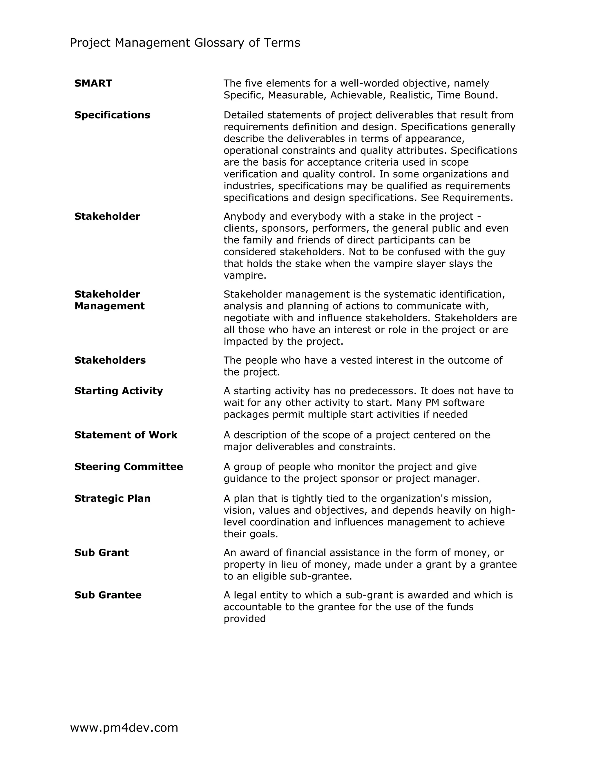Project Management Glossary of Terms
www.pm4dev.com
SMART The five elements for a well-worded objective, namely
Specific, Measurable, Achievable, Realistic, Time Bound.
Specifications Detailed statements of project deliverables that result from
requirements definition and design. Specifications generally
describe the deliverables in terms of appearance,
operational constraints and quality attributes. Specifications
are the basis for acceptance criteria used in scope
verification and quality control. In some organizations and
industries, specifications may be qualified as requirements
specifications and design specifications. See Requirements.
Stakeholder Anybody and everybody with a stake in the project -
clients, sponsors, performers, the general public and even
the family and friends of direct participants can be
considered stakeholders. Not to be confused with the guy
that holds the stake when the vampire slayer slays the
vampire.
Stakeholder
Management
Stakeholder management is the systematic identification,
analysis and planning of actions to communicate with,
negotiate with and influence stakeholders. Stakeholders are
all those who have an interest or role in the project or are
impacted by the project.
Stakeholders The people who have a vested interest in the outcome of
the project.
Starting Activity A starting activity has no predecessors. It does not have to
wait for any other activity to start. Many PM software
packages permit multiple start activities if needed
Statement of Work A description of the scope of a project centered on the
major deliverables and constraints.
Steering Committee A group of people who monitor the project and give
guidance to the project sponsor or project manager.
Strategic Plan A plan that is tightly tied to the organization's mission,
vision, values and objectives, and depends heavily on high-
level coordination and influences management to achieve
their goals.
Sub Grant An award of financial assistance in the form of money, or
property in lieu of money, made under a grant by a grantee
to an eligible sub-grantee.
Sub Grantee A legal entity to which a sub-grant is awarded and which is
accountable to the grantee for the use of the funds
provided
 