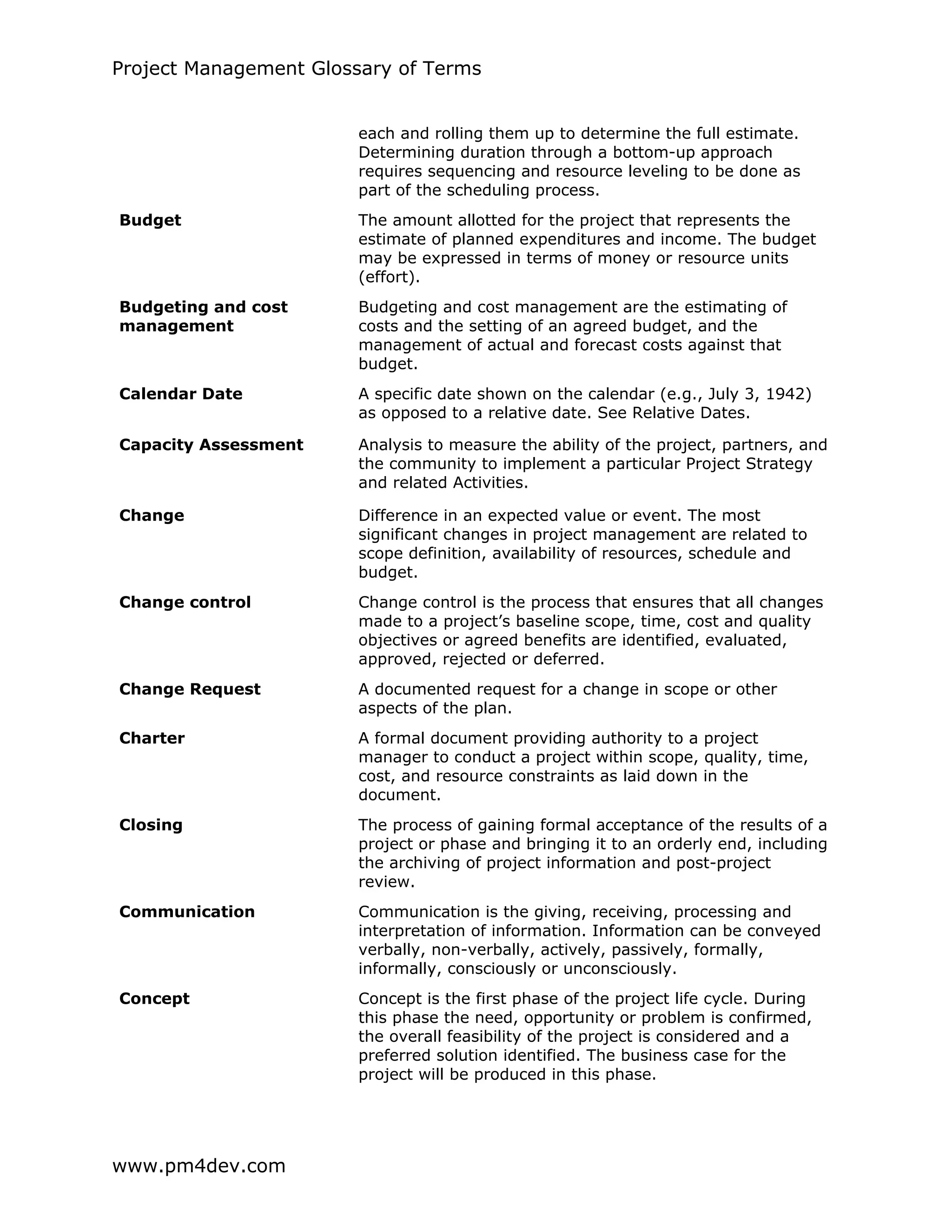 Project Management Glossary of Terms
www.pm4dev.com
each and rolling them up to determine the full estimate.
Determining duration through a bottom-up approach
requires sequencing and resource leveling to be done as
part of the scheduling process.
Budget The amount allotted for the project that represents the
estimate of planned expenditures and income. The budget
may be expressed in terms of money or resource units
(effort).
Budgeting and cost
management
Budgeting and cost management are the estimating of
costs and the setting of an agreed budget, and the
management of actual and forecast costs against that
budget.
Calendar Date A specific date shown on the calendar (e.g., July 3, 1942)
as opposed to a relative date. See Relative Dates.
Capacity Assessment Analysis to measure the ability of the project, partners, and
the community to implement a particular Project Strategy
and related Activities.
Change Difference in an expected value or event. The most
significant changes in project management are related to
scope definition, availability of resources, schedule and
budget.
Change control Change control is the process that ensures that all changes
made to a project’s baseline scope, time, cost and quality
objectives or agreed benefits are identified, evaluated,
approved, rejected or deferred.
Change Request A documented request for a change in scope or other
aspects of the plan.
Charter A formal document providing authority to a project
manager to conduct a project within scope, quality, time,
cost, and resource constraints as laid down in the
document.
Closing The process of gaining formal acceptance of the results of a
project or phase and bringing it to an orderly end, including
the archiving of project information and post-project
review.
Communication Communication is the giving, receiving, processing and
interpretation of information. Information can be conveyed
verbally, non-verbally, actively, passively, formally,
informally, consciously or unconsciously.
Concept Concept is the first phase of the project life cycle. During
this phase the need, opportunity or problem is confirmed,
the overall feasibility of the project is considered and a
preferred solution identified. The business case for the
project will be produced in this phase.
 
