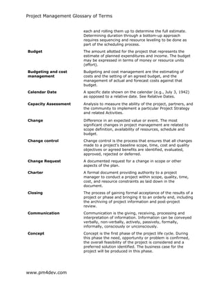 Project Management Glossary of Terms
www.pm4dev.com
each and rolling them up to determine the full estimate.
Determining duration through a bottom-up approach
requires sequencing and resource leveling to be done as
part of the scheduling process.
Budget The amount allotted for the project that represents the
estimate of planned expenditures and income. The budget
may be expressed in terms of money or resource units
(effort).
Budgeting and cost
management
Budgeting and cost management are the estimating of
costs and the setting of an agreed budget, and the
management of actual and forecast costs against that
budget.
Calendar Date A specific date shown on the calendar (e.g., July 3, 1942)
as opposed to a relative date. See Relative Dates.
Capacity Assessment Analysis to measure the ability of the project, partners, and
the community to implement a particular Project Strategy
and related Activities.
Change Difference in an expected value or event. The most
significant changes in project management are related to
scope definition, availability of resources, schedule and
budget.
Change control Change control is the process that ensures that all changes
made to a project’s baseline scope, time, cost and quality
objectives or agreed benefits are identified, evaluated,
approved, rejected or deferred.
Change Request A documented request for a change in scope or other
aspects of the plan.
Charter A formal document providing authority to a project
manager to conduct a project within scope, quality, time,
cost, and resource constraints as laid down in the
document.
Closing The process of gaining formal acceptance of the results of a
project or phase and bringing it to an orderly end, including
the archiving of project information and post-project
review.
Communication Communication is the giving, receiving, processing and
interpretation of information. Information can be conveyed
verbally, non-verbally, actively, passively, formally,
informally, consciously or unconsciously.
Concept Concept is the first phase of the project life cycle. During
this phase the need, opportunity or problem is confirmed,
the overall feasibility of the project is considered and a
preferred solution identified. The business case for the
project will be produced in this phase.
 