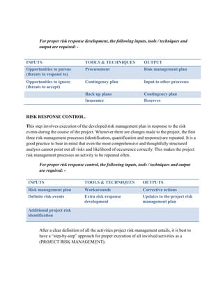 These processes are often implemented with different names though they all arrive and achieve the same goal. Also they are often renamed and combined as stated below: -Risk identification and quantification are often treated as a single process and the resultant process is called “risk analysis” or risk assessment. Risk response development is also often referred to as “” risk response planning and risk response development often referred to as “risk management”.
