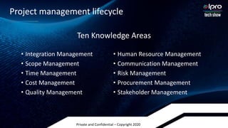 Private and Confidential – Copyright 2020
• Integration Management
• Scope Management
• Time Management
• Cost Management
• Quality Management
• Human Resource Management
• Communication Management
• Risk Management
• Procurement Management
• Stakeholder Management
Project management lifecycle
Ten Knowledge Areas
 