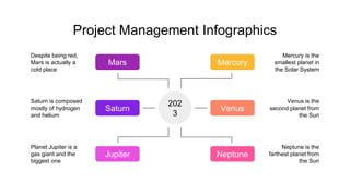 Project Management Infographics
Saturn
Saturn is composed
mostly of hydrogen
and helium
202
3
Venus
Venus is the
second pl...