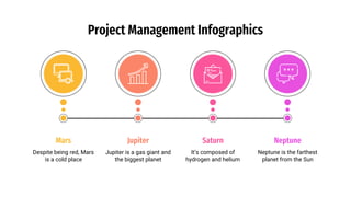 Project Management Infographics
Mars
Despite being red, Mars
is a cold place
Neptune
Neptune is the farthest
planet from the Sun
Jupiter
Jupiter is a gas giant and
the biggest planet
Saturn
It’s composed of
hydrogen and helium
 