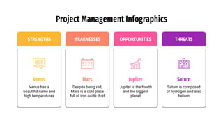 Project Management Infographics
Jupiter
Jupiter is the fourth
and the biggest
planet
OPPORTUNITIES
Saturn
Saturn is composed
of hydrogen and also
helium
THREATS
Venus
Venus has a
beautiful name and
high temperatures
STRENGTHS
Mars
Despite being red,
Mars is a cold place
full of iron oxide dust
WEAKNESSES
 