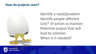 How do projects start?
Identify a need/problem
Identify people affected
Cost* of action vs inaction
Potential output that will
lead to solution
When is it needed?
How do projects start?
 