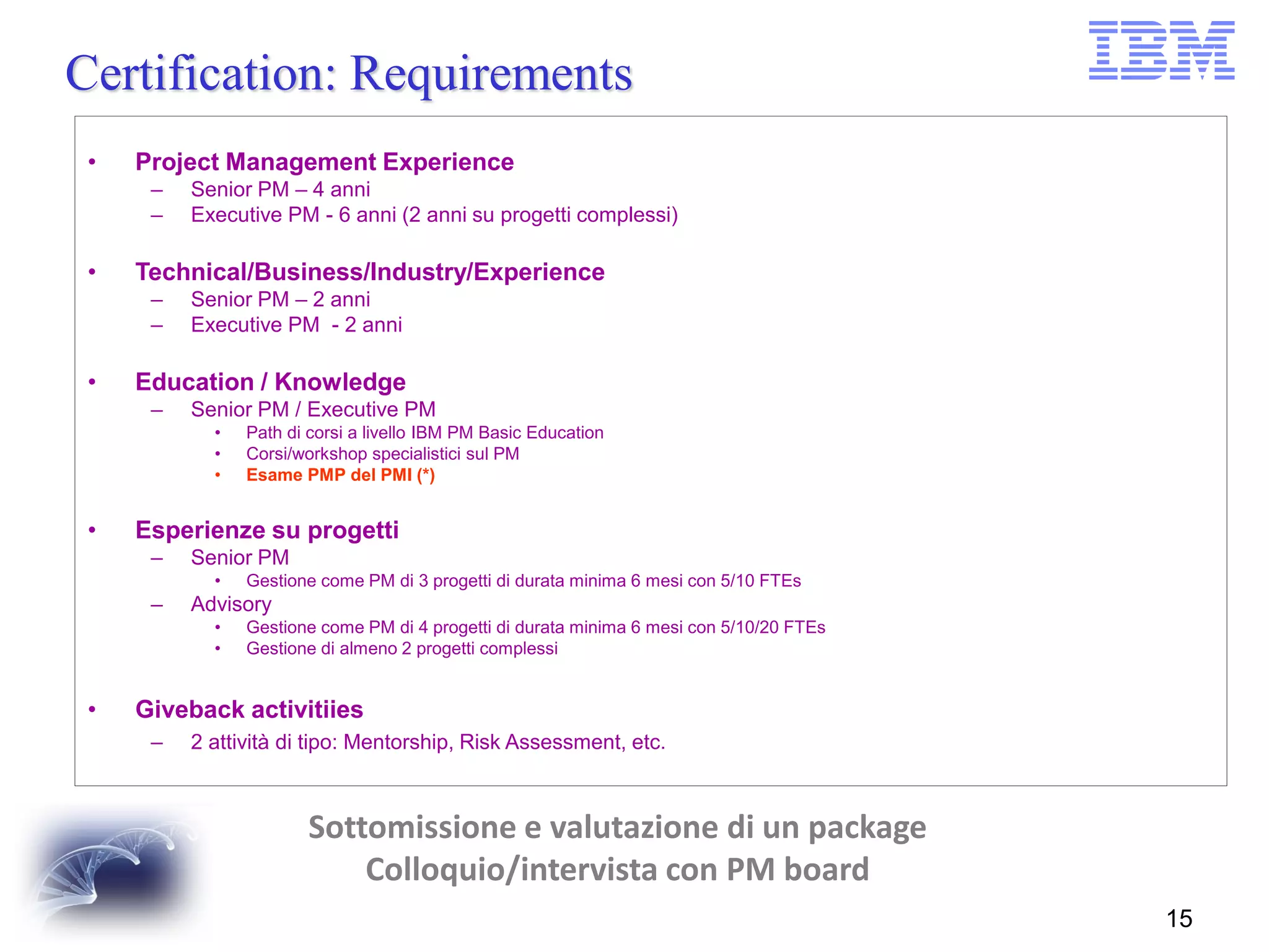 Certification: Requirements
•

Project Management Experience
–
–

•

Technical/Business/Industry/Experience
–
–

•

Senior PM – 4 anni
Executive PM - 6 anni (2 anni su progetti complessi)

Senior PM – 2 anni
Executive PM - 2 anni

Education / Knowledge
–

Senior PM / Executive PM
•
•
•

•

Path di corsi a livello IBM PM Basic Education
Corsi/workshop specialistici sul PM
Esame PMP del PMI (*)

Esperienze su progetti
–

Senior PM

–

Advisory

•
•
•

•

Gestione come PM di 3 progetti di durata minima 6 mesi con 5/10 FTEs
Gestione come PM di 4 progetti di durata minima 6 mesi con 5/10/20 FTEs
Gestione di almeno 2 progetti complessi

Giveback activitiies
–

2 attività di tipo: Mentorship, Risk Assessment, etc.

Sottomissione e valutazione di un package
Colloquio/intervista con PM board
15

 