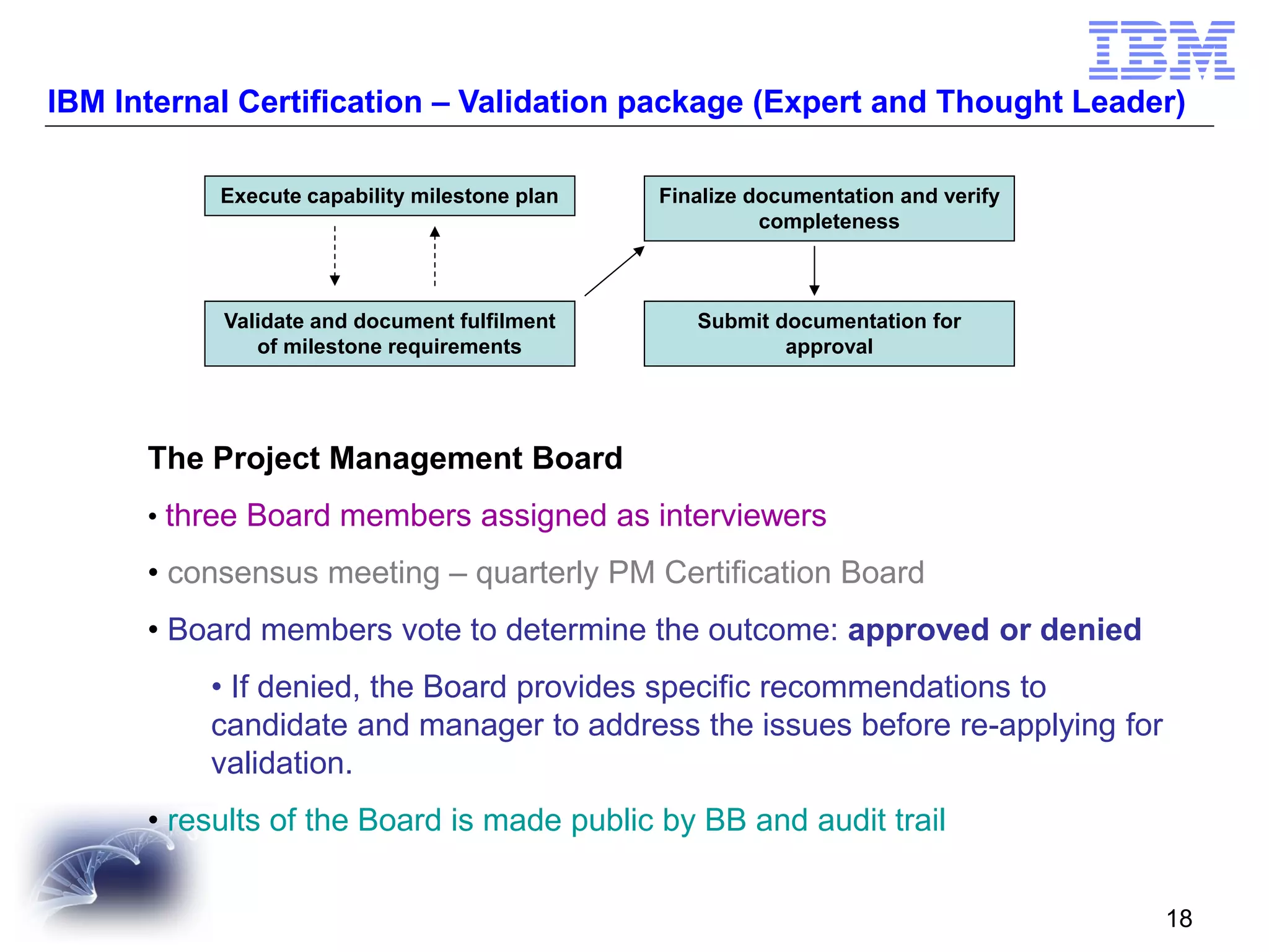 IBM Internal Certification – Validation package (Expert and Thought Leader)
Execute capability milestone plan

Finalize documentation and verify
completeness

Validate and document fulfilment
of milestone requirements

Submit documentation for
approval

The Project Management Board
• three Board members assigned as interviewers

• consensus meeting – quarterly PM Certification Board
• Board members vote to determine the outcome: approved or denied
• If denied, the Board provides specific recommendations to
candidate and manager to address the issues before re-applying for
validation.
• results of the Board is made public by BB and audit trail
18

 