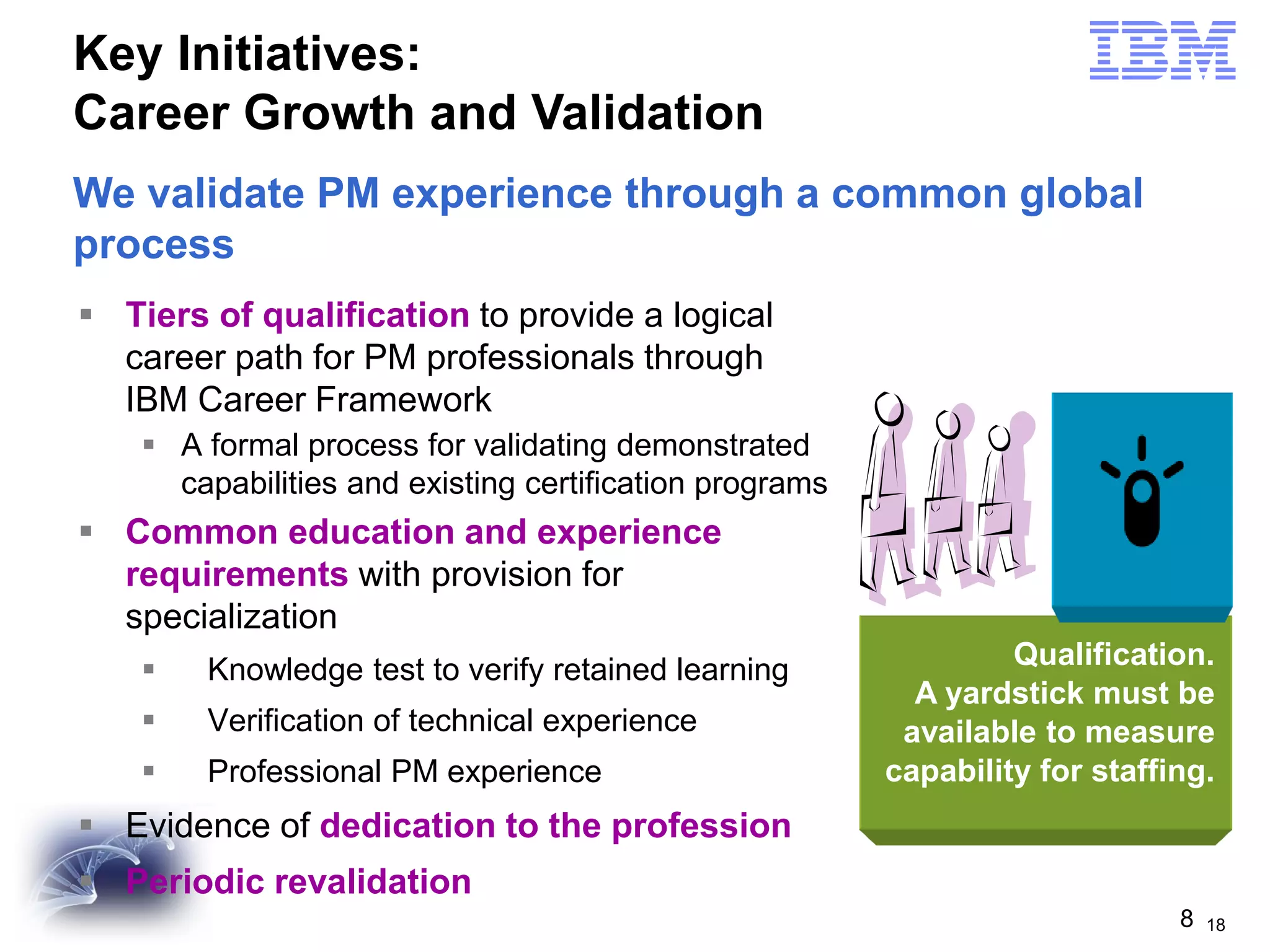 Key Initiatives:
Career Growth and Validation
We validate PM experience through a common global
process
 Tiers of qualification to provide a logical
career path for PM professionals through
IBM Career Framework
 A formal process for validating demonstrated
capabilities and existing certification programs

 Common education and experience
requirements with provision for
specialization


Knowledge test to verify retained learning



Verification of technical experience



Professional PM experience

Qualification.
A yardstick must be
available to measure
capability for staffing.

 Evidence of dedication to the profession
 Periodic revalidation
8

18

 
