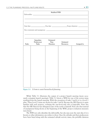 3.3 THE PLANNING PROCESS—NUTS AND BOLTS • 91
While Table 3-1 illustrates the output of a project launch meeting (more accu-
rately a program launch meeting), Table 3-2 shows a WBS for one of the action items
resulting from the launch meeting. With the exception of tasks 3 and 4, it is a Level 1
plan. Three Level 2 items are shown for tasks 3 and 4. Because the HR Director is quite
familiar with such projects, violating the one-level-only rule is forgivable. Note also
that the HR Director has delegated some of the work to himself. Note also that instead
of assumptions being shown at the beginning of the WBS, project evaluation measures
were listed.
The WBS not only identifies the deliverable, but also may note the start date if it is
known or other information one wishes to show. Once the subtasks and their predecessors
have been listed along with the estimated subtask activity times, the probable duration
Figure 3-3 A form to assist hierarchical planning.
Modified WBS
Deliverables
Start date Due date Project duration
Tasks
Immediate
Predecessor
Tasks
Key constraints and assumptions
Estimated
Time
Duration
Estimated
Resources Assigned to
CH003.indd Sec3:91
CH003.indd Sec3:91 9/15/10 10:59:04 AM
9/15/10 10:59:04 AM
 