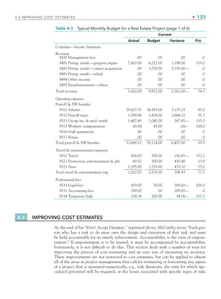 4.3 IMPROVING COST ESTIMATES • 125
Table 4-3 Typical Monthly Budget for a Real Estate Project (page 1 of 6)
Current
Actual Budget Variance Pct.
Corporate—Income Statement
Revenue
8430 Management fees .00 .00 .00 .0
8491 Prtnsp. reimb.—property mgmt. 7,410.00 6,222.00 1,188.00 119.0
8492 Prtnsp. reimb.—owner acquisition .00 3,750.00 3,750.00— .0
8493 Prtnsp. reimb.—rehab .00 .00 .00 .0
8494 Other income .00 .00 .00 .0
8495 Reimbursements—others .00 .00 .00 .0
Total revenue 7,410.00 9,972.00 2,562.00— 74.3
Operating expenses
Payroll  P/R benefits
8511 Salaries 29,425.75 34,583.00 5,157.25 85.0
8512 Payroll taxes 1,789.88 3,458.00 1,668.12 51.7
8513 Group ins.  med. reimb. 1,407.45 1,040.00 387.45— 135.3
8515 Workers’ compensation 43.04 43.00 .04— 100.0
8516 Staff apartments .00 .00 .00 .0
8517 Bonus .00 .00 .00 .0
Total payroll  P/R benefits 32,668.12 39,124.00 6,457.88 83.5
Travel  entertainment expenses
8512 Travel 456.65 300.00 156.65— 152.2
8522 Promotion, entertainment  gift 69.52 500.00 430.48 13.9
8523 Auto 1,295.90 1,729.00 433.10 75.0
Total travel  entertainment exp. 1,822.07 2,529.00 706.93 72.1
Professional fees
8531 Legal fees 419.00 50.00 369.00— 838.0
8532 Accounting fees 289.00 .00 289.00— .0
8534 Temporary help 234.58 200.00 34.58— 117.2
4.3 IMPROVING COST ESTIMATES
At the end of his “Don’t Accept Dictation,” reprinted above, McCarthy wrote “Each per-
son who has a task to do must own the design and execution of that task and must
be held accountable for its timely achievement. Accountability is the twin of empow-
erment.” If empowerment is to be trusted, it must be accompanied by accountability.
Fortunately, it is not difficult to do this. This section deals with a number of ways for
improving the process of cost estimating and an easy way of measuring its accuracy.
These improvements are not restricted to cost estimates, but can be applied to almost
all of the areas in project management that call for estimating or forecasting any aspect
of a project that is measured numerically; e.g., task durations, the time for which spe-
cialized personnel will be required, or the losses associated with specific types of risks
CH004.indd 125
CH004.indd 125 9/6/10 1:20:15 PM
9/6/10 1:20:15 PM
 