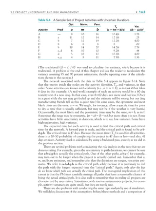 5.2 PROJECT UNCERTAINTY AND RISK MANAGEMENT • 163
(The traditional ((b – a) / 6)2
was used to calculate the variance, solely because it is
traditional. A problem at the end of this chapter will ask the reader to recalculate the
variance assuming 95 and 90 percent estimations, thereby repeating some of the calcula-
tions shown in this section.)
The network associated with the data in Table 5-4 appears in Figure 5-14. Note
that the entries inside the nodes are the activity identifier, TE
, and variance, in that
order. Some activities are known with certainty (i.e., a  m  b), as in task d that takes
6 days in this example. (A real-world example of such an activity would be a 60-day
toxicity test of a new drug. In that case, a=m=b=60 days, not more and not less.) Once
in a great while the test may get fouled up and the estimate will be wrong, but our drug
manufacturing friends tell us this is quite rare.) In some cases, the optimistic and most
likely times are the same, a  m. We might, for instance, allow a specific time for paint
to dry, a time that is usually sufficient, but may not be if the weather is very humid.
Occasionally, the most likely and the pessimistic times may be the same, mb, as in f.
Sometimes the range may be symmetric, (ma)(bm), but more often it is not. Some
activities have little uncertainty in duration, which is to say, low variance. Some have
high uncertainty, high variance.
The expected time for each activity is used to find the critical path and critical
time for the network. A forward pass is made, and the critical path is found to be a-b-
d-g-h. The critical time is 47 days. Because the mean time (TE
) is used for all activities,
there is a 50–50 probability of completing the project in 47 days or less—and also, 47
days or more. Activity slack is calculated by using a backward pass, exactly as we did in
the previous section.
There are several problems with conducting the risk analysis in the way that we are
demonstrating. For example, given the uncertainty in path durations, we cannot be sure
that a-b-d-g-h is actually the critical path. One of the other paths, a-b-c-f, for example,
may turn out to be longer when the project is actually carried out. Remember that a,
m, and b are estimates, and remember also that the durations are ranges, not point esti-
mates. We refer to a-b-d-g-h as the critical path solely because it is customary to call
the path with the longest expected time the “critical path.” Again, only after the fact
do we know which path was actually the critical path. The managerial implication of this
caveat is that the PM must carefully manage all paths that have a reasonable chance of
being the actual critical path. It is also well to remember that in reality all projects are
characterized by uncertainty. Sometimes, with routine maintenance projects, for exam-
ple, activity variances are quite small, but they are rarely zero.
There are also problems with conducting the same type analysis by use of simulation.
We will delay discussions of the assumptions behind these methods and a comparison of
Table 5-4 A Sample Set of Project Activities with Uncertain Durations
Opt. Norm. Pess.
TE
(a + 4m + b)/6
Var.
((b  a)/6)2
Activity Pred a m b
A — 8 10 16 10 4/6 1.78
B a 11 12 14 12 1/6 .25
C b 7 12 19 12 2/6 4.00
D b 6 6 6 6 .00
E b 10 14 20 14 2/6 2.78
F c, d 6 10 10 9 2/6 .44
G d 5 10 17 10 2/6 4.00
H e, g 4 8 11 7 5/6 1.36
CH005.indd 163
CH005.indd 163 9/6/10 2:07:09 PM
9/6/10 2:07:09 PM
 