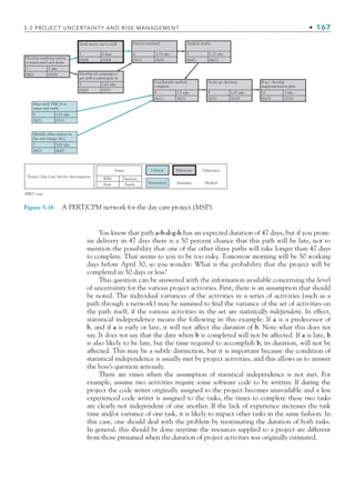 5.2 PROJECT UNCERTAINTY AND RISK MANAGEMENT • 167
You know that path a-b-d-g-h has an expected duration of 47 days, but if you prom-
ise delivery in 47 days there is a 50 percent chance that this path will be late, not to
mention the possibility that one of the other three paths will take longer than 47 days
to complete. That seems to you to be too risky. Tomorrow morning will be 50 working
days before April 30, so you wonder: What is the probability that the project will be
completed in 50 days or less?
This question can be answered with the information available concerning the level
of uncertainty for the various project activities. First, there is an assumption that should
be noted. The individual variances of the activities in a series of activities (such as a
path through a network) may be summed to find the variance of the set of activities on
the path itself, if the various activities in the set are statistically independent. In effect,
statistical independence means the following in this example: If a is a predecessor of
b, and if a is early or late, it will not affect the duration of b. Note what this does not
say. It does not say that the date when b is completed will not be affected. If a is late, b
is also likely to be late, but the time required to accomplish b, its duration, will not be
affected. This may be a subtle distinction, but it is important because the condition of
statistical independence is usually met by project activities, and this allows us to answer
the boss’s question seriously.
There are times when the assumption of statistical independence is not met. For
example, assume two activities require some software code to be written. If during the
project the code writer originally assigned to the project becomes unavailable and a less
experienced code writer is assigned to the tasks, the times to complete these two tasks
are clearly not independent of one another. If the lack of experience increases the task
time and/or variance of one task, it is likely to impact other tasks in the same fashion. In
this case, one should deal with the problem by reestimating the duration of both tasks.
In general, this should be done anytime the resources supplied to a project are different
from those presumed when the duration of project activities was originally estimated.
Figure 5-16 A PERT/CPM network for the day care project (MSP).
Develop employee survey
to assess need and desire
1
04/21
2 wks
05/04
Send survey out to staff
2
05/04
0 days
05/04
Surveys returned
4
05/17
2.33 wks
06/01
Analyze results
5
06/02
1.27 wks
06/12
Cost/benefit analysis
complete
8
06/12
1.5 wks
06/21
Go/no go decision
9
06/21
1.07 wks
06/29
If go - develop
implementation plan
10
06/29
3 wks
07/20
Name
Project: Day Care Service Investigation
PERT view
WBS
Start
Duration
Critical
Noncritical
Milestone
Summary
Subproject
Marked
Finish
Develop ad campaign to
get staff to participate in
3
05/05
1.67 wks
05/17
Meet with YMCA to
assess and verify
6
04/21
2.83 wks
05/11
Identify other centers in
the area (usage, fee)
7
04/21
5.83 wks
06/01
CH005.indd 167
CH005.indd 167 9/6/10 2:07:11 PM
9/6/10 2:07:11 PM
 