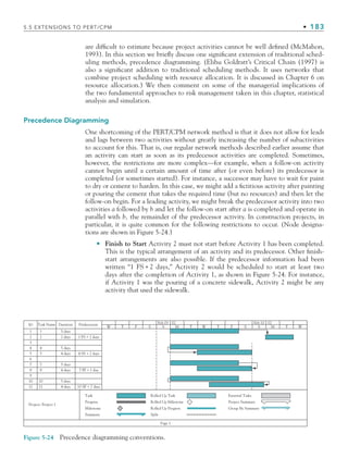 5.5 EXTENSIONS TO PERT/CPM • 183
Task Name Duration
W W
T T T F S S M T W
F
Feb 03
Project: Project 1
Task
Progress
Milestone
Summary
Rolled Up Task
Rolled Up Milestone
Rolled Up Progress
Split
Page 1
External Tasks
Project Summary
Group By Summary
02 Feb 10 02
S
S M
Predecessors
1
ID
2
3
4
5
6
7
8
9
10
11
1
2
4
5
7
8
10
11
5 days
2 days
5 days
4 days
5 days
4 days
5 days
4 days
1 FS + 2 days
4 SS + 2 days
7 FF + 1 day
10 SF + 7 days
Figure 5-24 Precedence diagramming conventions.
are difficult to estimate because project activities cannot be well defined (McMahon,
1993). In this section we briefly discuss one significant extension of traditional sched-
uling methods, precedence diagramming. (Elihu Goldratt’s Critical Chain (1997) is
also a significant addition to traditional scheduling methods. It uses networks that
combine project scheduling with resource allocation. It is discussed in Chapter 6 on
resource allocation.) We then comment on some of the managerial implications of
the two fundamental approaches to risk management taken in this chapter, statistical
analysis and simulation.
Precedence Diagramming
One shortcoming of the PERT/CPM network method is that it does not allow for leads
and lags between two activities without greatly increasing the number of subactivities
to account for this. That is, our regular network methods described earlier assume that
an activity can start as soon as its predecessor activities are completed. Sometimes,
however, the restrictions are more complex—for example, when a follow-on activity
cannot begin until a certain amount of time after (or even before) its predecessor is
completed (or sometimes started). For instance, a successor may have to wait for paint
to dry or cement to harden. In this case, we might add a fictitious activity after painting
or pouring the cement that takes the required time (but no resources) and then let the
follow-on begin. For a leading activity, we might break the predecessor activity into two
activities a followed by b and let the follow-on start after a is completed and operate in
parallel with b, the remainder of the predecessor activity. In construction projects, in
particular, it is quite common for the following restrictions to occur. (Node designa-
tions are shown in Figure 5-24.)
Finish to Start Activity 2 must not start before Activity 1 has been completed.
This is the typical arrangement of an activity and its predecessor. Other finish-
start arrangements are also possible. If the predecessor information had been
written “1 FS+2 days,” Activity 2 would be scheduled to start at least two
days after the completion of Activity 1, as shown in Figure 5-24. For instance,
if Activity 1 was the pouring of a concrete sidewalk, Activity 2 might be any
activity that used the sidewalk.
•
CH005.indd 183
CH005.indd 183 9/6/10 2:07:21 PM
9/6/10 2:07:21 PM
 
