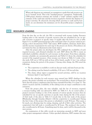 202 • CHAPTER 6 / ALLOCATING RESOURCES TO THE PROJECT
6.2 RESOURCE LOADING
From the first day on the job, the PM is concerned with resource loading. Resource
loading refers to the amounts of specific resources that are scheduled for use on spe-
cific activities or projects at specific times. It usually takes the form of a list or table.
Figure 6-3 is an MSP-generated project plan and Gantt chart of a project aimed at pro-
ducing a short documentary DVD. Task names, WBS numbers, durations, finish dates,
and the resource requirements for each step in the process are shown. (Precedences are
not listed, but they are illustrated on the Gantt chart.)
After the project plan was developed, the PM confirmed the availability of each
required resource, and obtained schedules for each. MSP allows the PM to create an
individual availability calendar for each resource on the project. From these calendars,
resource schedules are automatically generated, and Table 6-2 shows the schedules for
several of the required resources. (Any resource not shown in Table 6-2 works a five-
day week, 8:00 am to 5:00 pm with an hour off for lunch, usually 12 pm–1 pm, without
exceptions during the period of the project.) Among other things, the PM noted the
following:
The scriptwriter is available to work six days per week, and nine hours per day.
The editing room has limited availability, 9:30 am to 3:00 pm each day.
The client, whose input is required for several activities, will be on vacation
between April 13 and April 20.
When the calendars for each resource were entered into MSP’s database for the
project, the project schedule was recalculated. The revised plan is shown in Figure 6-4.
Note that the project completion date has been extended from May 31 to June 11. The
client’s vacation and the availability of the editing room are major contributors to the
extension.
From the project plan, the new schedule, and the list of resources required,
a resource-loading table was derived by MSP; see Table 6-3. As we noted earlier, a
project’s resource loading is a list of the amounts of various specific resources that are
scheduled for use on specific activities at specific times during the life of the project.
A brief study of the data in Table 6-3 reveals that in the first week of the project
[Wednesday through Saturday (March 1–4)] the scriptwriter is overallocated. During
the first 6 days of the project this person is scheduled to work 94 hours. That seems a
bit much, not allowing time for eating, sleeping, and all of life’s other activities. The
scriptwriter’s first full week is overallocated by 40 hours. The producer’s first week is
also overallocated at 40 hours. Something must be done, and it will be discussed in the
next section.
An examination of this table reveals an interesting anomaly in MSP and most
other project management software. Unless specified otherwise, MSP assumes that any
•
•
•
When task durations are estimated, an assumption is made that task resources are
set at “normal” levels. This is the “standard practice” assumption. Traditionally,
CPM project duration estimates also include a “crash” estimate together with
estimates of the crash time and the resources required to shorten the duration of
project activities. By selectively choosing which activities to crash and by how
much, we can determine the minimum cost for all possible project completion
times.
CH006.indd Sec1:202
CH006.indd Sec1:202 9/6/10 11:31:58 AM
9/6/10 11:31:58 AM
 