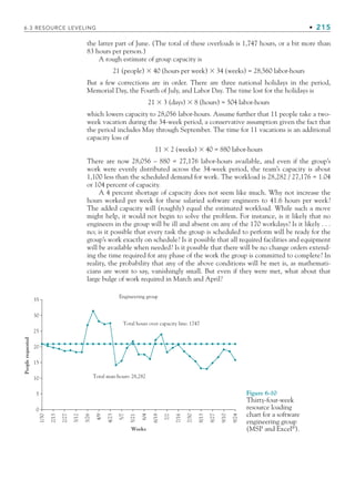 6.3 RESOURCE LEVELING • 215
the latter part of June. (The total of these overloads is 1,747 hours, or a bit more than
83 hours per person.)
A rough estimate of group capacity is
21 (people)  40 (hours per week)  34 (weeks) = 28,560 labor-hours
But a few corrections are in order. There are three national holidays in the period,
Memorial Day, the Fourth of July, and Labor Day. The time lost for the holidays is
21  3 (days)  8 (hours) = 504 labor-hours
which lowers capacity to 28,056 labor-hours. Assume further that 11 people take a two-
week vacation during the 34-week period, a conservative assumption given the fact that
the period includes May through September. The time for 11 vacations is an additional
capacity loss of
11  2 (weeks)  40 = 880 labor-hours
There are now 28,056 – 880 = 27,176 labor-hours available, and even if the group’s
work were evenly distributed across the 34-week period, the team’s capacity is about
1,100 less than the scheduled demand for work. The workload is 28,282 / 27,176 = 1.04
or 104 percent of capacity.
A 4 percent shortage of capacity does not seem like much. Why not increase the
hours worked per week for these salaried software engineers to 41.6 hours per week?
The added capacity will (roughly) equal the estimated workload. While such a move
might help, it would not begin to solve the problem. For instance, is it likely that no
engineers in the group will be ill and absent on any of the 170 workdays? Is it likely . . .
no; is it possible that every task the group is scheduled to perform will be ready for the
group’s work exactly on schedule? Is it possible that all required facilities and equipment
will be available when needed? Is it possible that there will be no change orders extend-
ing the time required for any phase of the work the group is committed to complete? In
reality, the probability that any of the above conditions will be met is, as mathemati-
cians are wont to say, vanishingly small. But even if they were met, what about that
large bulge of work required in March and April?
35
30
25
20
15
10
5
0
Weeks
People
requested
Total hours over capacity line: 1747
Total man-hours: 28,282
Engineering group
1/30
2/13
2/27
3/12
3/26
4/9
4/23
5/7
5/21
6/4
6/18
7/2
7/16
7/30
8/13
8/27
9/10
9/24
Figure 6-10
Thirty-four-week
resource loading
chart for a software
engineering group
(MSP and Excel®
).
CH006.indd Sec3:215
CH006.indd Sec3:215 9/6/10 11:32:06 AM
9/6/10 11:32:06 AM
 