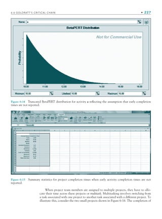 Figure 6-14 Truncated BetaPERT distribution for activity a reflecting the assumption that early completion
times are not reported.
Figure 6-15 Summary statistics for project completion times when early activity completion times are not
reported.
When project team members are assigned to multiple projects, they have to allo-
cate their time across these projects or multitask. Multitasking involves switching from
a task associated with one project to another task associated with a different project. To
illustrate this, consider the two small projects shown in Figure 6-16. The completion of
6.6 GOLDRATT’S CRITICAL CHAIN • 227
CH006.indd Sec6:227
CH006.indd Sec6:227 9/6/10 11:32:12 AM
9/6/10 11:32:12 AM
 