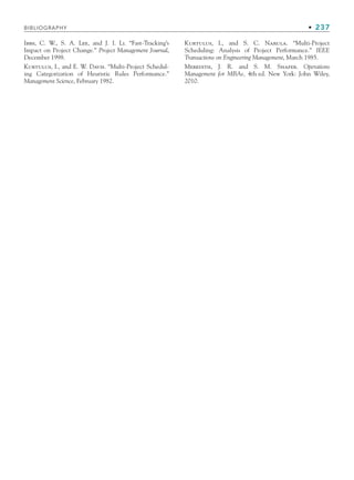 BIBLIOGRAPHY • 237
Ibbs, C. W., S. A. Lee, and J. I. Li. “Fast-Tracking’s
Impact on Project Change.” Project Management Journal,
December 1998.
Kurtulus, I., and E. W. Davis. “Multi-Project Schedul-
ing Categorization of Heuristic Rules Performance.”
Management Science, February 1982.
Kurtulus, I., and S. C. Narula. “Multi-Project
Scheduling: Analysis of Project Performance.” IEEE
Transactions on Engineering Management, March 1985.
Meredith, J. R. and S. M. Shafer. Operations
Management for MBAs, 4th ed. New York: John Wiley,
2010.
CH006.indd Sec10:237
CH006.indd Sec10:237 9/6/10 11:32:20 AM
9/6/10 11:32:20 AM
 