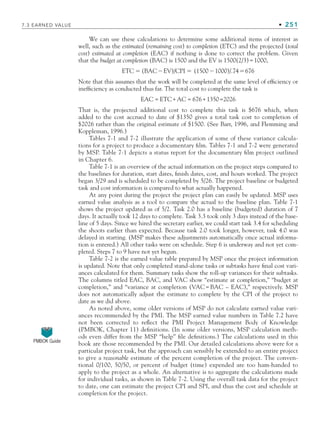 7.3 EARNED VALUE • 251
We can use these calculations to determine some additional items of interest as
well, such as the estimated (remaining cost) to completion (ETC) and the projected (total
cost) estimated at completion (EAC) if nothing is done to correct the problem. Given
that the budget at completion (BAC) is 1500 and the EV is 1500(2/3)=1000,
ETC ⫽ (BAC⫺EV)/CPI ⫽ (1500⫺1000)/.74⫽676
Note that this assumes that the work will be completed at the same level of efficiency or
inefficiency as conducted thus far. The total cost to complete the task is
EAC = ETC+AC = 676+1350=2026
That is, the projected additional cost to complete this task is $676 which, when
added to the cost accrued to date of $1350 gives a total task cost to completion of
$2026 rather than the original estimate of $1500. (See Barr, 1996, and Flemming and
Koppleman, 1996.)
Tables 7-1 and 7-2 illustrate the application of some of these variance calcula-
tions for a project to produce a documentary film. Tables 7-1 and 7-2 were generated
by MSP. Table 7-1 depicts a status report for the documentary film project outlined
in Chapter 6.
Table 7-1 is an overview of the actual information on the project steps compared to
the baselines for duration, start dates, finish dates, cost, and hours worked. The project
began 3/29 and is scheduled to be completed by 5/26. The project baseline or budgeted
task and cost information is compared to what actually happened.
At any point during the project the project plan can easily be updated. MSP uses
earned value analysis as a tool to compare the actual to the baseline plan. Table 7-1
shows the project updated as of 5/2. Task 2.0 has a baseline (budgeted) duration of 7
days. It actually took 12 days to complete. Task 3.3 took only 3 days instead of the base-
line of 5 days. Since we hired the secretary earlier, we could start task 3.4 for scheduling
the shoots earlier than expected. Because task 2.0 took longer, however, task 4.0 was
delayed in starting. (MSP makes these adjustments automatically once actual informa-
tion is entered.) All other tasks were on schedule. Step 6 is underway and not yet com-
pleted. Steps 7 to 9 have not yet begun.
Table 7-2 is the earned value table prepared by MSP once the project information
is updated. Note that only completed stand-alone tasks or subtasks have final cost vari-
ances calculated for them. Summary tasks show the roll-up variances for their subtasks.
The columns titled EAC, BAC, and VAC show “estimate at completion,” “budget at
completion,” and “variance at completion (VAC=BAC – EAC),” respectively. MSP
does not automatically adjust the estimate to complete by the CPI of the project to
date as we did above.
As noted above, some older versions of MSP do not calculate earned value vari-
ances recommended by the PMI. The MSP earned value numbers in Table 7.2 have
not been corrected to reflect the PMI Project Management Body of Knowledge
(PMBOK, Chapter 11) definitions. (In some older versions, MSP calculation meth-
ods even differ from the MSP “help” file definitions.) The calculations used in this
book are those recommended by the PMI. Our detailed calculations above were for a
particular project task, but the approach can sensibly be extended to an entire project
to give a reasonable estimate of the percent completion of the project. The conven-
tional 0/100, 50/50, or percent of budget (time) expended are too ham-handed to
apply to the project as a whole. An alternative is to aggregate the calculations made
for individual tasks, as shown in Table 7-2. Using the overall task data for the project
to date, one can estimate the project CPI and SPI, and thus the cost and schedule at
completion for the project.
PMBOK Guide
CH007.indd 251
CH007.indd 251 9/6/10 12:01:54 PM
9/6/10 12:01:54 PM
 