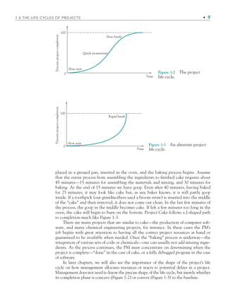 placed in a greased pan, inserted in the oven, and the baking process begins. Assume
that the entire process from assembling the ingredients to ﬁnished cake requires about
45 minutes—15 minutes for assembling the materials and mixing, and 30 minutes for
baking. At the end of 15 minutes we have goop. Even after 40 minutes, having baked
for 25 minutes, it may look like cake but, as any baker knows, it is still partly goop
inside. If a toothpick (our grandmothers used a broom straw) is inserted into the middle
of the “cake” and then removed, it does not come out clean. In the last few minutes of
the process, the goop in the middle becomes cake. If left a few minutes too long in the
oven, the cake will begin to burn on the bottom. Project Cake follows a J-shaped path
to completion much like Figure 1-3.
There are many projects that are similar to cake—the production of computer soft-
ware, and many chemical engineering projects, for instance. In these cases the PM’s
job begins with great attention to having all the correct project resources at hand or
guaranteed to be available when needed. Once the “baking” process is underway—the
integration of various sets of code or chemicals—one can usually not add missing ingre-
dients. As the process continues, the PM must concentrate on determining when the
project is complete—“done” in the case of cake, or a fully debugged program in the case
of software.
In later chapters, we will also see the importance of the shape of the project’s life
cycle on how management allocates resources or reacts to potential delays in a project.
Management does not need to know the precise shape of the life cycle, but merely whether
its completion phase is concave (Figure 1-2) or convex (Figure 1-3) to the baseline.
100
Time
Percent
project
completion
0
Slow start
Slow finish
Quick momentum
Figure 1-2 The project
life cycle.
Percent
project
completion
0
Time
100
Slow start
Rapid finish
Figure 1-3 An alternate project
life cycle.
1.4 THE LIFE CYCLES OF PROJECTS • 9
CH001.indd 9
CH001.indd 9 9/6/10 1:23:54 PM
9/6/10 1:23:54 PM
 