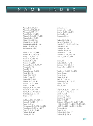 301
Aaron, J. M., 84, 113
Abernathy, W. J., 16, 43
Abrams, S., 133, 149
Ackoff, R. L., 255, 271
Adams, J. R., 8, 42, 247, 271
Adams, L. L., 247, 271
Adler, P. S., 222, 236
Afzalur, R. M., 70, 77
Amoako-Gyamph, K., xvi
Amor, J. P., 128, 149
Anderson, D., 299
Badiru, A. B., 128, 149
Bailetti, A. J., 104, 105, 113
Bailey, D. E., 107, 113
Baker, N. R., 281, 290
Barndt, S. E., 8, 42
Barr, Z., 251, 271
Baumgardner, C. R., 53, 77
Bean, A. S., 290
Barry, D., 49
Bhattacharyya, G., 299
Blank, W., 290
Block, T. R., 64, 77
Bolles, D., 64, 77
Bowen, H. K., 113
Boznak, R. G., 10, 42
Bracker, J. S., 83, 114
Bratta, C. P., 84, 113
Breyfogle, F. W., III, 149
Brooks, F. P., 132, 149
Brown, K. A., 98, 101, 113
Buckingham, J. M., xvi
Byrne, J., 271
Callahan, J. R., 104, 105, 113
Camm, J. D., 128, 149
Casey, M. J., xvi
Christensen, D. S., 254, 261, 271
Churchman, C. W., xvi, 46, 77
Clark, K. B., 31, 37, 43
Cleland, D. I., 42
Clinton, W., 281
Cochran, J., xv
Conger, J. A., 53, 77
Cox, J., 46, 77, 222, 236
Crowley, L., xvi
Crummet, C., xvi
Dalkey, N. C., 34, 42
Davis, E. W., 218, 237
Dean, B. V., 239, 271, 280, 290
Dean, G. R., xvi
DeMeyer, A., 194
Dewhurst, H. D., 70, 77
Dinsmore, P. C., 114
DiPietro, P., 104, 105, 113
Dvir, D., 273, 281, 290
Emeril, 96
Englund, R. L., 31, 42
Eppinger, S. F., 106, 114
Evans, J. R., xv, 128, 149
Fendley, L. G., 218, 220, 236
Ferrer, G., xvi
Finch, B., xvi
Fisher, R., 6, 42
Ford, R. C., 86, 114
Flemming, Q. W., 251, 271
Flynn, J., 48, 77
Fried, L., xvi
Gagnon, R. J., 50, 77, 121, 149
Gale, S. F., 21, 42, 57, 77
Gantt, H., 178
Garrison, K. R., xv
Giauque, W. C., xvi
Giffin, S. D., 77
Goldratt, E. M., xii, 36, 42, 46, 77, 78,
114, 183, 185, 194, 196, 217, 222, 223,
225, 226, 229, 230, 231, 232, 236
Gozinto, Z., 88
Greer, B., xvi
Graham, D. J., 261, 271
Graham, R. J., 31, 42
N A M E I N D E X
bindname.indd 301
bindname.indd 301 9/6/10 10:04:52 AM
9/6/10 10:04:52 AM
 