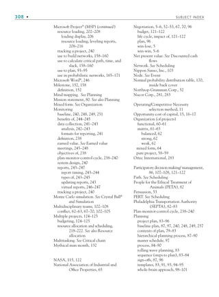 308 • SUBJECT INDEX
Microsoft Project®
(MSP) (continued)
resource loading, 202–208
loading display, 206
resource loading, leveling reports,
208–216
tracking a project, 240
use to build networks, 158–160
use to calculate critical path, time, and
slack, 158–160
use to plan, 93–95
use in probabilistic networks, 165–171
Microsoft Word®
, 246
Milestone, 152, 158
definition, 152
Mind mapping. See Planning
Mission statement, 80. See also Planning
Mixed form. See Organization
Monitoring
baseline, 240, 248, 249, 251
benefits of, 244–245
data collection, 241–243
analysis, 242–243
formats for reporting, 241
definition, 238
earned value. See Earned value
meetings, 245–248
objectives of, 238
plan-monitor-control cycle, 238–240
system design, 240
reports, 243–247
report timing, 243–244
types of, 243–245
updating reports, 243
virtual reports, 246–247
tracking a project, 240
Monte Carlo simulation. See Crystal Ball®
and Simulation
Multidisciplinary teams, 102–108
conflict, 62–63, 67–70, 102–105
Multiple projects, 124–125
budgeting, 124–125
resource allocation and scheduling,
218–222. See also Resource
allocation
Multitasking. See Critical chain
Mythical man month, 132
NASA, 115, 122
National Association of Industrial and
Office Properties, 65
Negotiation, 5–6, 52–53, 67, 70, 96
budget, 121–122
life cycle, impact of, 121–122
plan, 96
win-lose, 5
win-win, 5–6
Net present value. See Discounted cash
flows
Network. See Scheduling
Nippon Sanso, Inc., 103
Node. See Event
Normal probability distribution table, 170,
inside back cover
Northrop-Grumman Corp., 52
Nucor Corp., 281, 283
Operating/Competitive Necessity
selection method, 11
Opportunity cost of capital, 15, 16–17
Organization (of projects)
functional, 60–61
matrix, 61–63
balanced, 62
strong, 62
weak, 62
mixed form, 64
pure project, 58–59
Ortec International, 283
Participatory decision making/ management,
86, 107–108, 121–122
Path. See Scheduling
People for the Ethical Treatment of
Animals (PETA), 82
Persuasion, 53
PERT. See Scheduling
Philadelphia Transportation Authority
(SEPTA), 82–83
Plan-monitor-control cycle, 238–240
Planning
project plan, 83–96
baseline plan, 87, 97, 240, 248, 249, 257
contents of plan, 79–83
hierarchical planning process, 87–90
master schedule, 97
process, 84–90
rolling wave planning, 83
sequence (steps to plan), 83–84
sign-offs, 87, 96
templates, 83, 91, 93, 94–95
whole-brain approach, 98–101
bindsub.indd 308
bindsub.indd 308 9/6/10 10:08:56 AM
9/6/10 10:08:56 AM
 