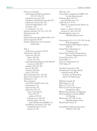 312 • SUBJECT INDEX
Statistics (continued)
path merge probability calculation,
172–173, 176–177
population mean (µ), 296
population standard deviation (σ), 297
population variance (σ2
), 297
statistical independence, 176
stochastic, 164
vs. simulation, 171–172
Student syndrome, 185, 217, 225, 229
Suboptimization, 46
Subtask, 2
Superconducting supercollider (SSC), 281
Systems approach, 46–47
Systems engineering. See Concurrent
engineering
Task, 2
predecessors, successors, 90–93
Termination, 280–285
criteria for, 280–281
failure, 280–281
success, 273, 281
project final report (history), 243, 284–285
contents of, 284–285
manager, 282–283, 284
process, 282–283
timing of, 280–281
types of, 281–282
Texas Instruments Inc., 64, 254
Theory of Constraints, 222, 229
Thermos Co., 103
Time estimation
at the 90% and 95% levels, 162
deterministic, 152
expected time, 161
improving, 125–133
errors, correcting for
bias, 130–131
random, 130–131
learning curve, 126–129
tracking signal, 130–131
mean absolute ratio (MAR), 131
probabilistic (stochastic), 161–164
standard deviation of, 161
variance of, 162
3M Corp., 281
Total quality management (TQM), 107.
See also Empowerment
Tracking signal, 130–131
mean absolute ratio, 131
Trade-offs, 6–7, 51–52
influence of organizational climate on,
51–52
project vs. project, 218–222
resources vs. time, 197–202
Transdisciplinary teams. See
Multidisciplinary teams
Uncertainty, 6–8, 21–31, 133–136. See also
Risk management
United Kingdom Child Support Agency,
264–265
United States Department of
Commerce, 132
United States Federal Transportation
Security Administration, 65
United States Navy, 152
United Way, 11
Unity of Command, 62–63
USA Today, 56
ViewStar Corporation, 254
Virtual projects manager, 48–49
communications, 48–49
meetings. See Monitoring
reports. See Monitoring
Wall Street Journal, 48
Walt Disney Co., 68
Walts, 217, 220, 229
War room, 68. See also Project
management office
Whole-brain planning, See Planning
Work breakdown structure (WBS).
See Planning
Work teams, 107–108. See also
Multidisciplinary teams
World Trade Center, 30
Young Men’s Christian Association
(YMCA), 165–168
bindsub.indd 312
bindsub.indd 312 9/6/10 10:08:58 AM
9/6/10 10:08:58 AM
 
