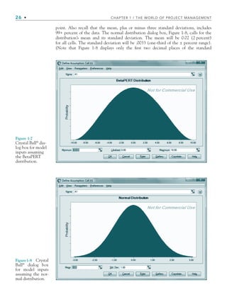 26 • CHAPTER 1 / THE WORLD OF PROJECT MANAGEMENT
Figure 1-7
Crystal Ball®
dia-
log box for model
inputs assuming
the BetaPERT
distribution.
Figure1-8 Crystal
Ball®
dialog box
for model inputs
assuming the nor-
mal distribution.
point. Also recall that the mean, plus or minus three standard deviations, includes
99+ percent of the data. The normal distribution dialog box, Figure 1-8, calls for the
distribution’s mean and its standard deviation. The mean will be 0.02 (2 percent)
for all cells. The standard deviation will be .0033 (one-third of the ± percent range).
(Note that Figure 1-8 displays only the ﬁrst two decimal places of the standard
CH001.indd 26
CH001.indd 26 9/6/10 1:24:08 PM
9/6/10 1:24:08 PM
 