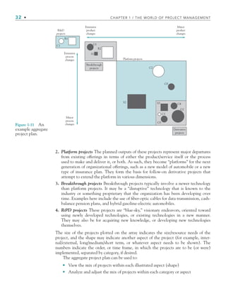 32 • CHAPTER 1 / THE WORLD OF PROJECT MANAGEMENT
2. Platform projects The planned outputs of these projects represent major departures
from existing offerings in terms of either the product/service itself or the process
used to make and deliver it, or both. As such, they become “platforms” for the next
generation of organizational offerings, such as a new model of automobile or a new
type of insurance plan. They form the basis for follow-on derivative projects that
attempt to extend the platform in various dimensions.
3. Breakthrough projects Breakthrough projects typically involve a newer technology
than platform projects. It may be a “disruptive” technology that is known to the
industry or something proprietary that the organization has been developing over
time. Examples here include the use of ﬁber-optic cables for data transmission, cash-
balance pension plans, and hybrid gasoline-electric automobiles.
4. RD projects These projects are “blue-sky,” visionary endeavors, oriented toward
using newly developed technologies, or existing technologies in a new manner.
They may also be for acquiring new knowledge, or developing new technologies
themselves.
The size of the projects plotted on the array indicates the size/resource needs of the
project, and the shape may indicate another aspect of the project (for example, inter-
nal/external, long/medium/short term, or whatever aspect needs to be shown). The
numbers indicate the order, or time frame, in which the projects are to be (or were)
implemented, separated by category, if desired.
The aggregate project plan can be used to:
View the mix of projects within each illustrated aspect (shape)
Analyze and adjust the mix of projects within each category or aspect
•
•
Derivative
projects
Breakthrough
projects
Extensive
product
changes
Platform projects
C2
G5
G1
R1
C1
S1
R2
S2
Extensive
process
changes
Minor
process
changes
RD
projects
Minor
product
changes
S3 G4
G2
C3
G3
Figure 1-11 An
example aggregate
project plan.
CH001.indd 32
CH001.indd 32 9/6/10 1:24:16 PM
9/6/10 1:24:16 PM
 