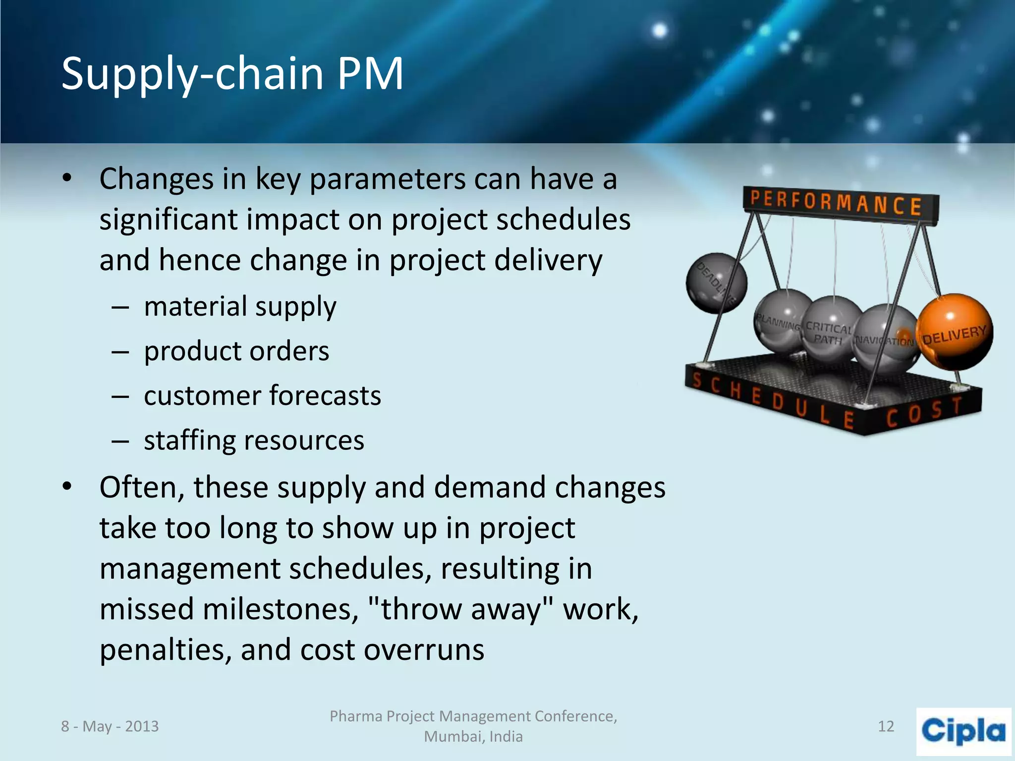 Supply-chain PM
• Changes in key parameters can have a
significant impact on project schedules
and hence change in project delivery
– material supply
– product orders
– customer forecasts
– staffing resources
• Often, these supply and demand changes
take too long to show up in project
management schedules, resulting in
missed milestones, "throw away" work,
penalties, and cost overruns
8 - May - 2013
Pharma Project Management Conference,
Mumbai, India
12
 