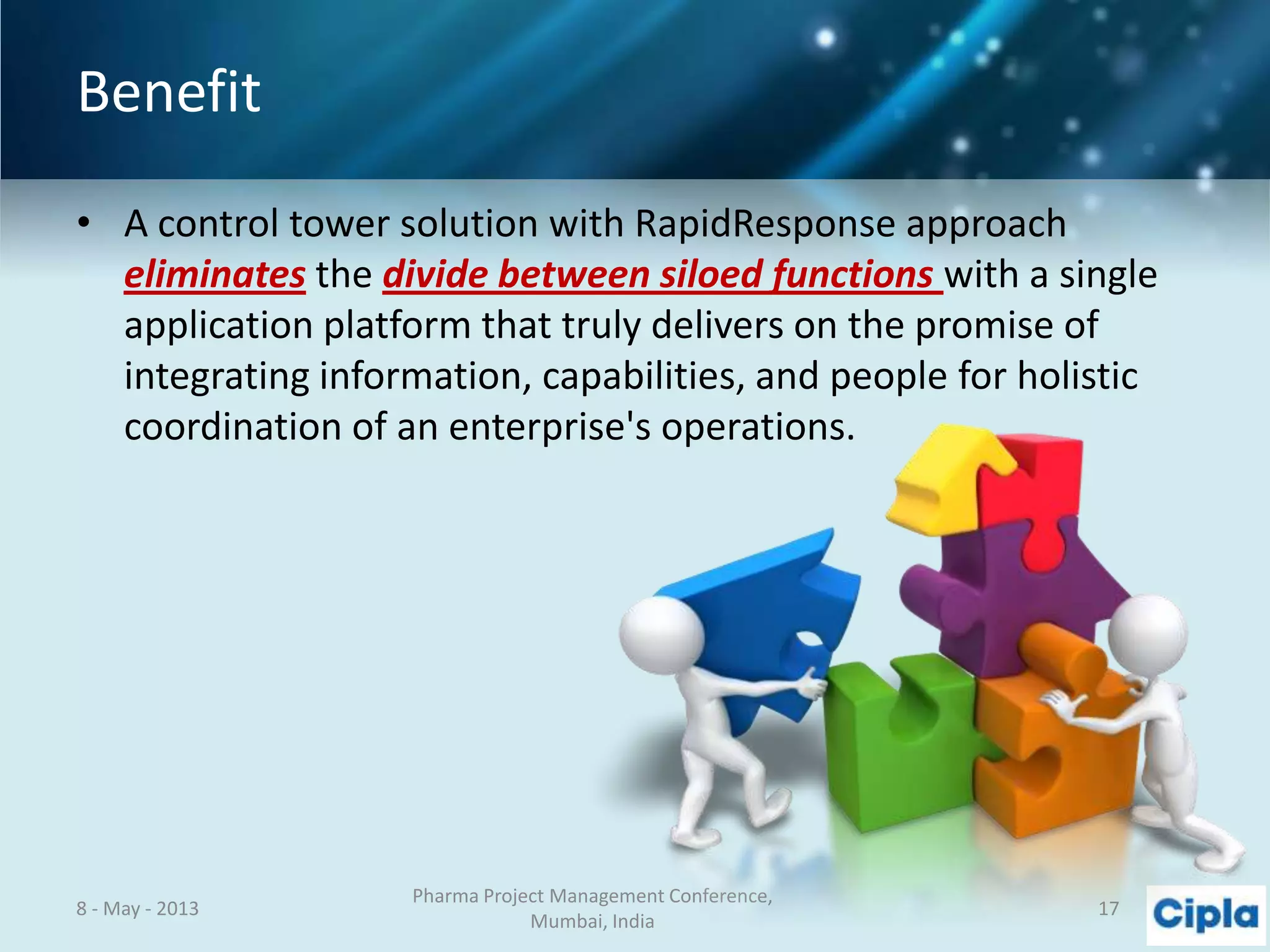 Benefit
• A control tower solution with RapidResponse approach
eliminates the divide between siloed functions with a single
application platform that truly delivers on the promise of
integrating information, capabilities, and people for holistic
coordination of an enterprise's operations.
8 - May - 2013
Pharma Project Management Conference,
Mumbai, India
17
 