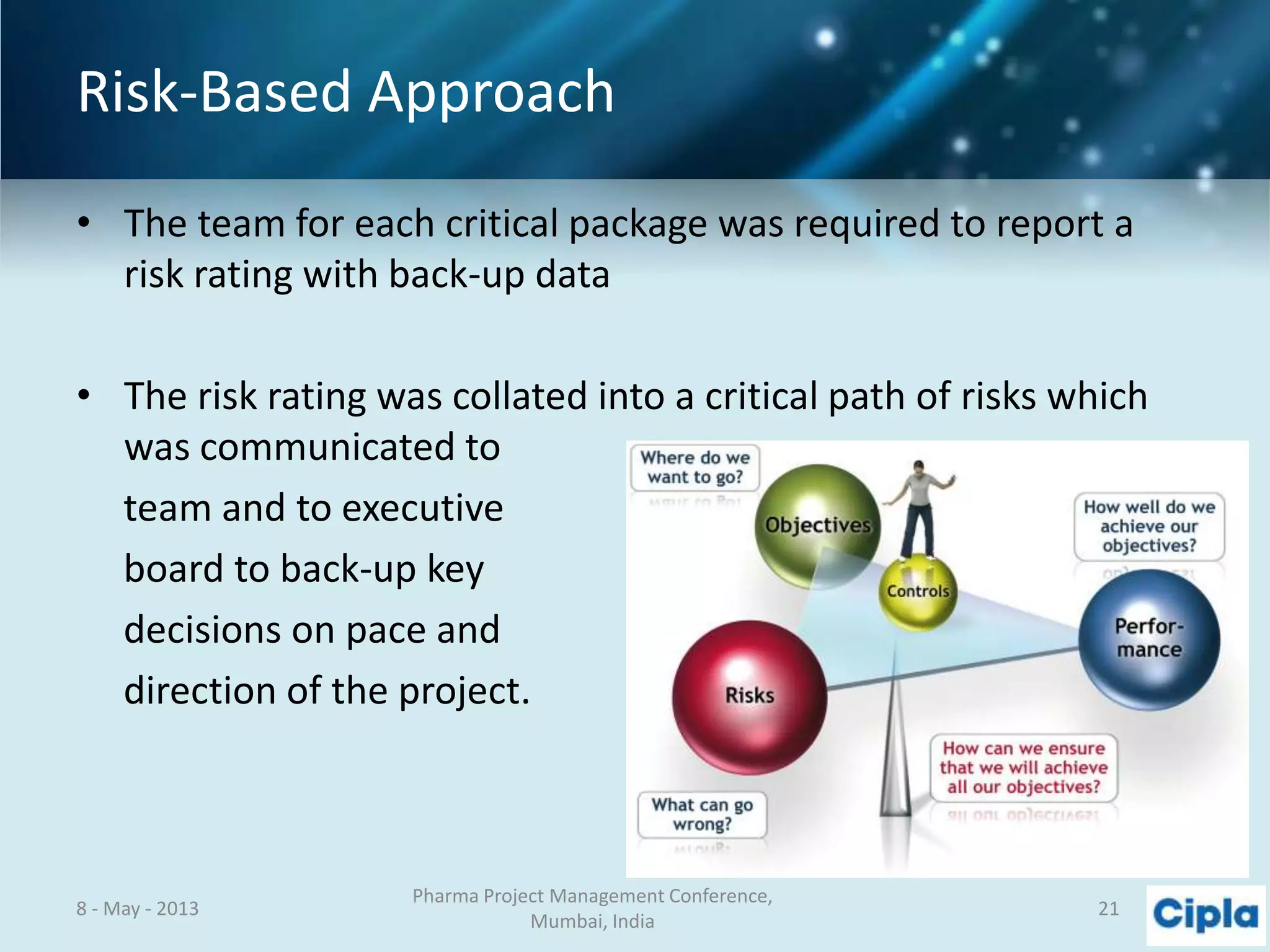 Risk-Based Approach
• The team for each critical package was required to report a
risk rating with back-up data
• The risk rating was collated into a critical path of risks which
was communicated to
team and to executive
board to back-up key
decisions on pace and
direction of the project.
8 - May - 2013
Pharma Project Management Conference,
Mumbai, India
21
 