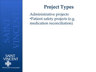 Project Types Administrative projects Patient safety projects (e.g. medication reconciliation) 