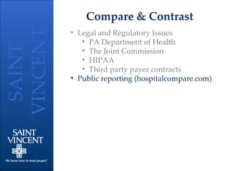 Compare & Contrast Legal and Regulatory Issues PA Department of Health The Joint Commission HIPAA Third party payer contracts Public reporting (hospitalcompare.com) 