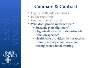Compare & Contrast Legal and Regulatory Issues Public reporting Competitive landscape Who does project management? Strategic plan alignment? Organization-wide or department/ function specific? Health care providers do not receive training in project management during professional training 