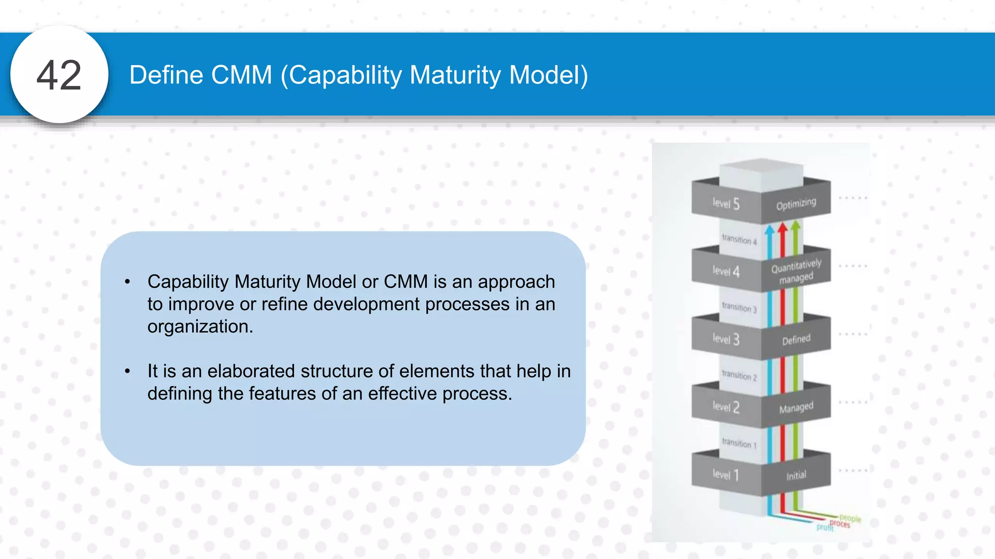 42 Define CMM (Capability Maturity Model)
• Capability Maturity Model or CMM is an approach
to improve or refine development processes in an
organization.
• It is an elaborated structure of elements that help in
defining the features of an effective process.
 