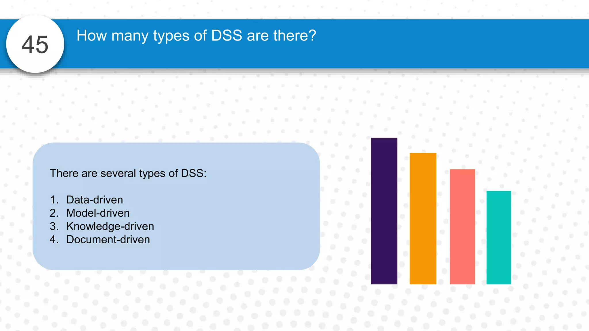 45
How many types of DSS are there?
There are several types of DSS:
1. Data-driven
2. Model-driven
3. Knowledge-driven
4. Document-driven
 